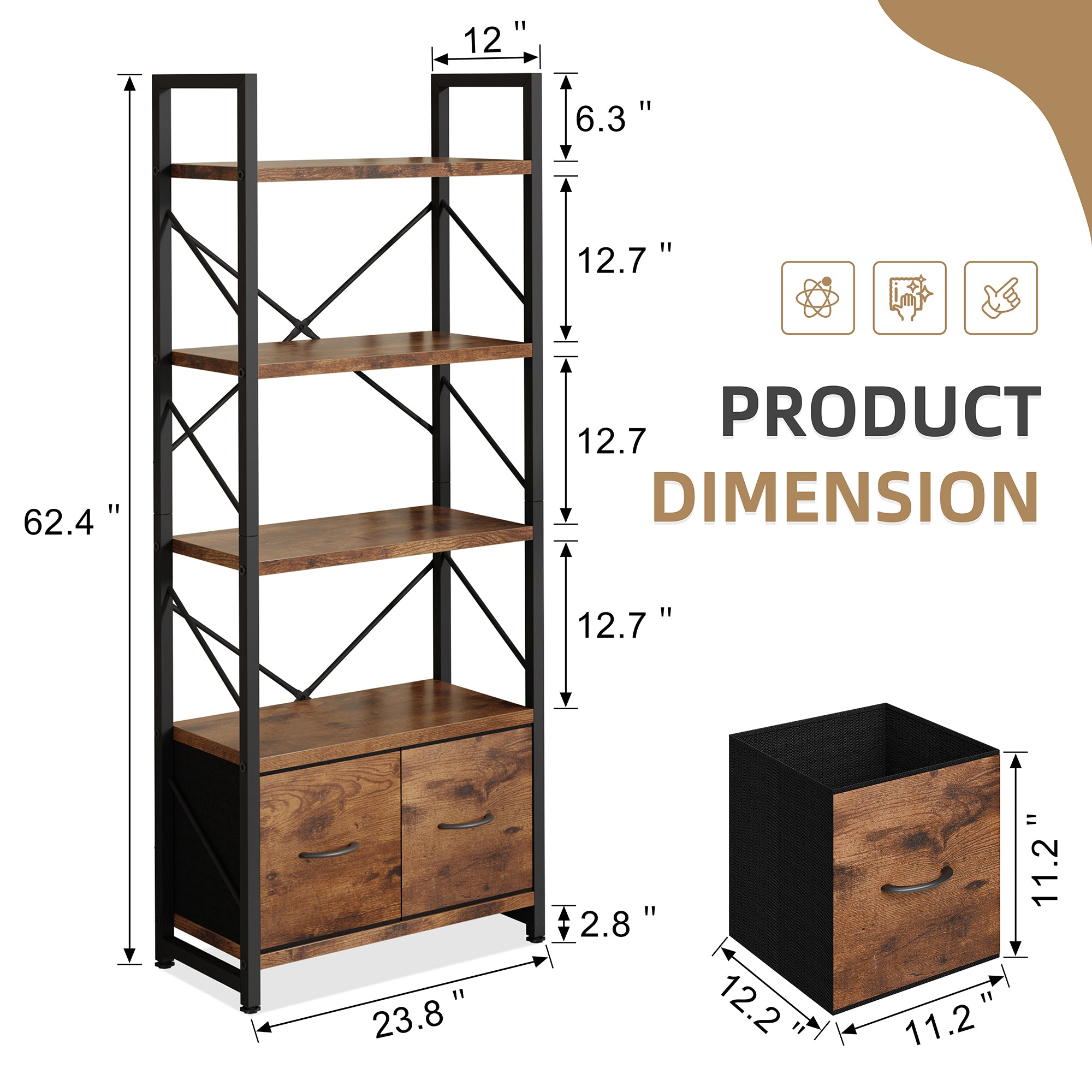 Vongrasig 5 Tier Bookshelf with Drawer, Industrial Tall Narrow Bookcase, Display Shelf Modern Wood and Metal Bookshelves, Free Standing Storage Organizer for Office, Living Room
