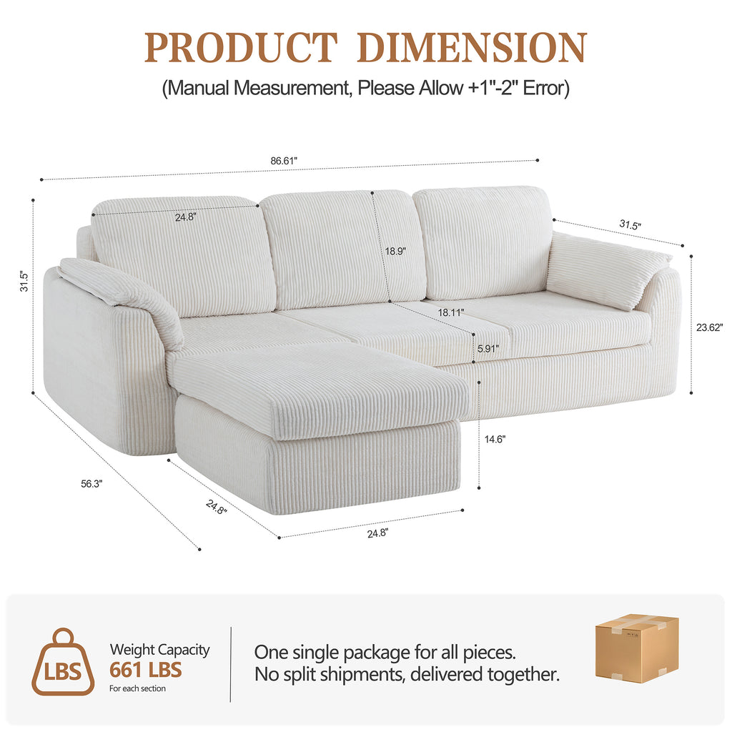 Vongrasig Boneless Convertible Sectional Sofa Couch, 3 Seat L Shaped Sofa with Removable Pillows Plush Corduroy Fabric Small Couches for Living Room, Apartment and Office