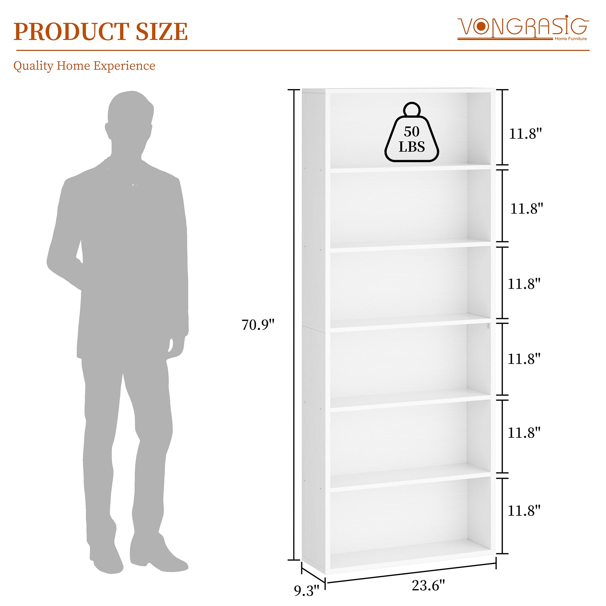 Vongrasig 6-Tier Open Bookcase and Bookshelf, Floor Standing Wood Display Storage Shelves 71 Inch Tall Bookcase Home Decor Furniture for Home Office, Living Room, Bed Room