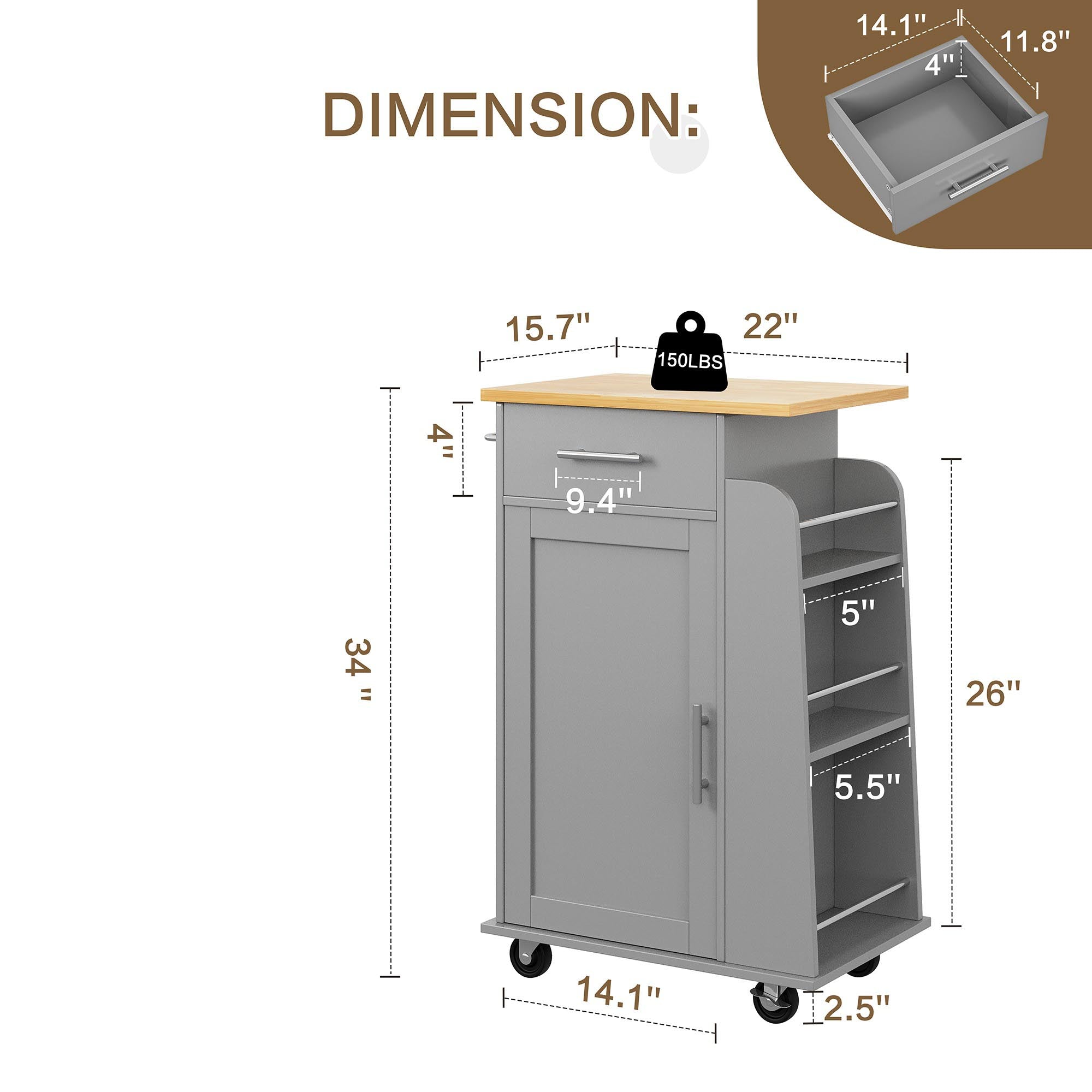 Walsunny Kitchen Island Rolling Cart with Storage Cabinet, Coffee Bar (7404392186032)