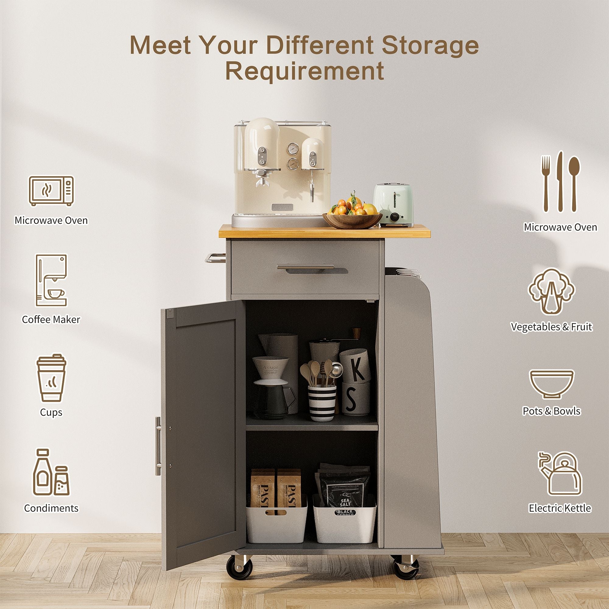 Walsunny Kitchen Island Rolling Cart with Storage Cabinet, Coffee Bar (7404392186032)