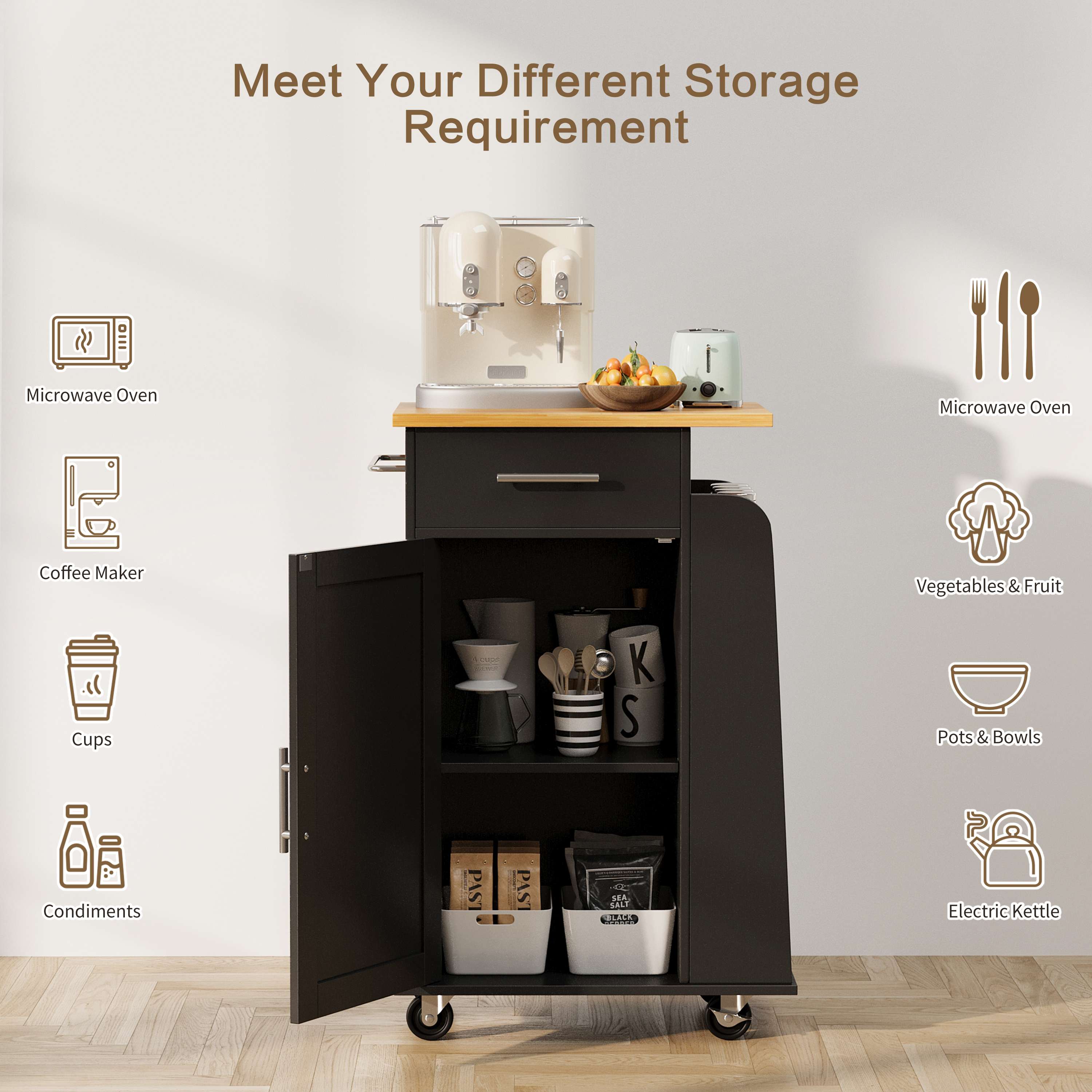 Walsunny Kitchen Island Rolling Cart with Storage Cabinet, Coffee Bar (7404392186032)