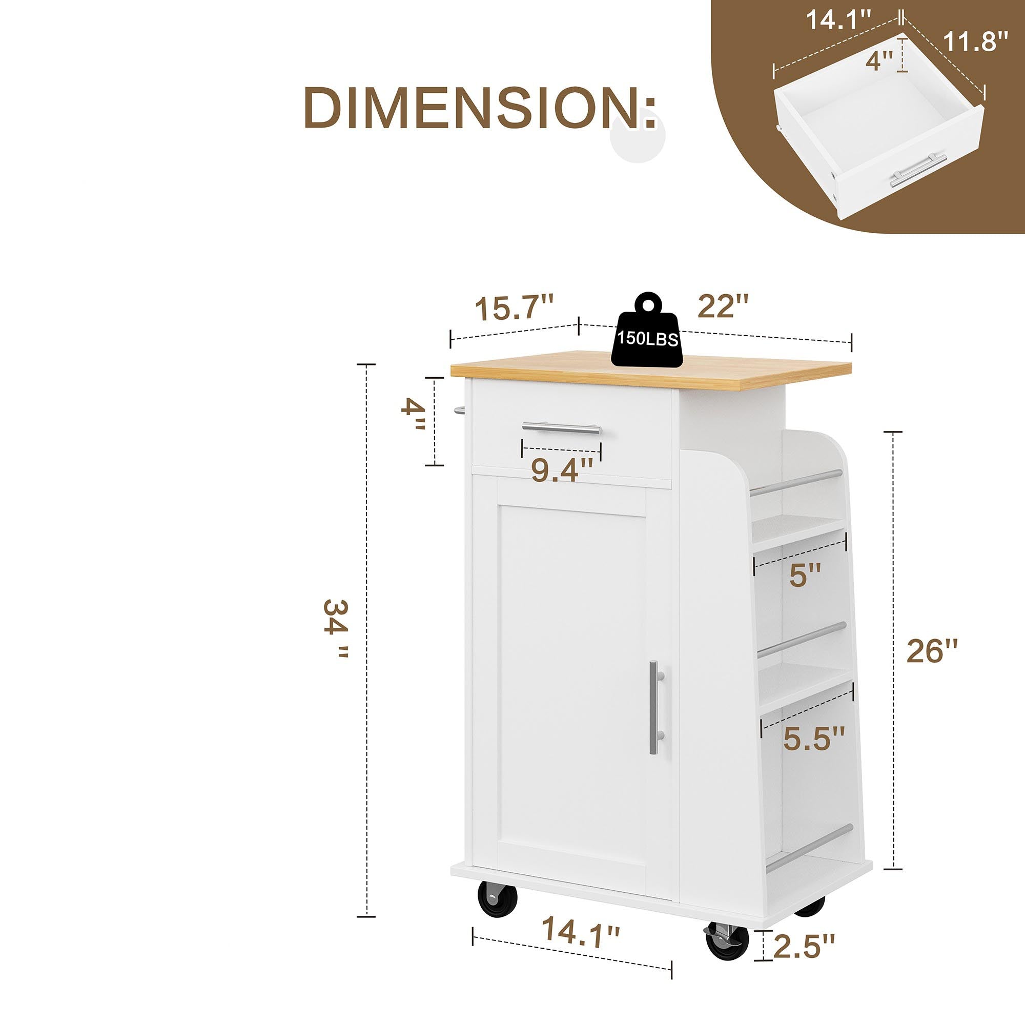 Walsunny Kitchen Island Rolling Cart with Storage Cabinet, Coffee Bar (7404392186032)