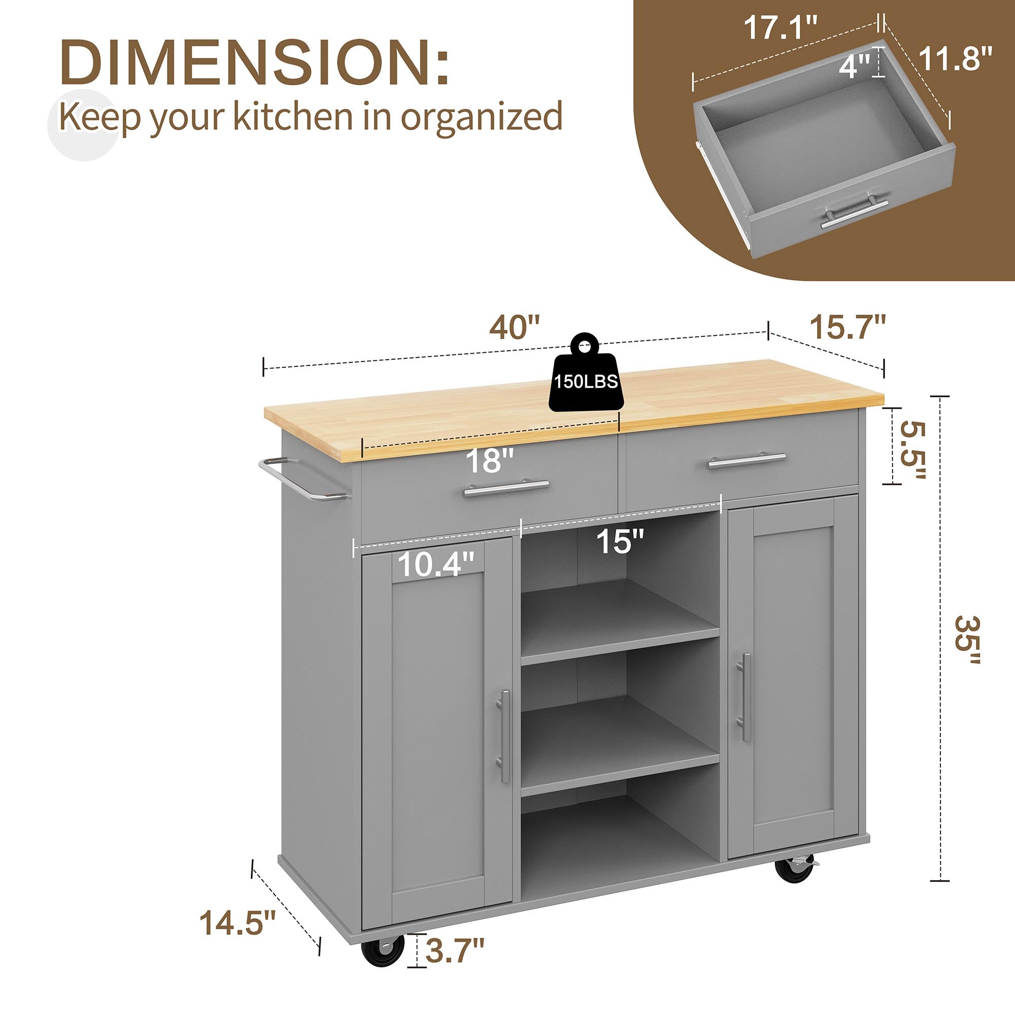Walsunny 40" Multifunction Kitchen Cart Cabinet with Shelves (7404395692208)
