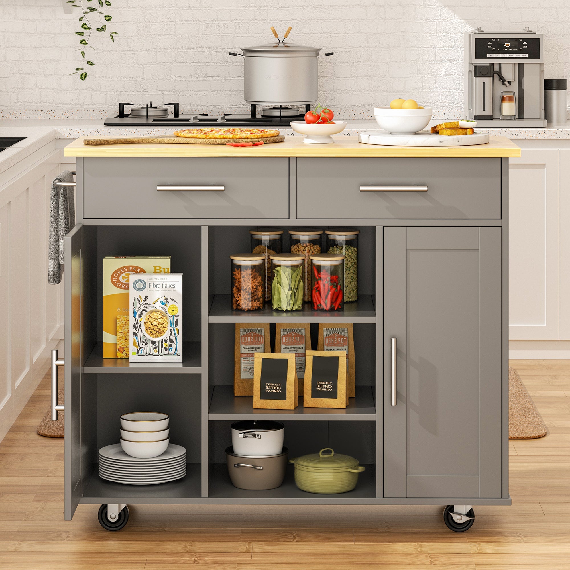 Walsunny 40" Multifunction Kitchen Cart Cabinet with Shelves (7404395692208)