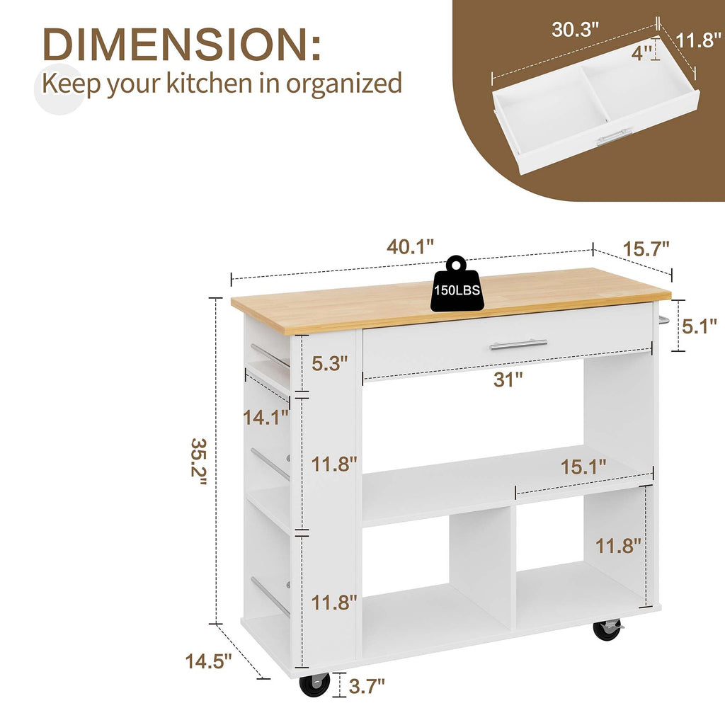 Walsunny Kitchen Island on Wheels with Storage Cabinet, Rolling Cart Kitchen Storage Organizer with/3 Side Spice Rack, 2 Tier Open Shelf for Kitchen (7404396511408)