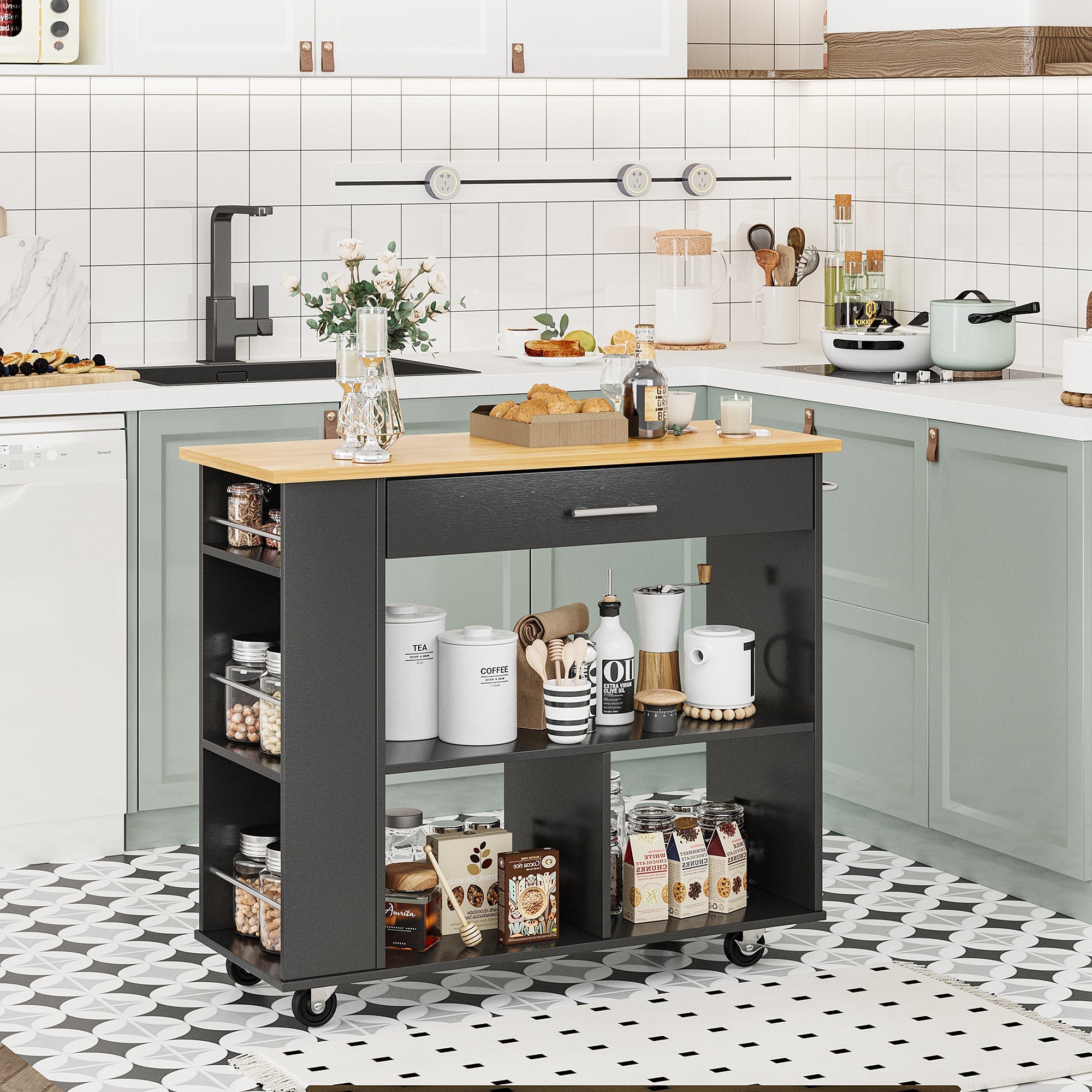 Walsunny Kitchen Island on Wheels with Storage Cabinet, Rolling Cart Kitchen Storage Organizer with/3 Side Spice Rack, 2 Tier Open Shelf for Kitchen (7404396511408)