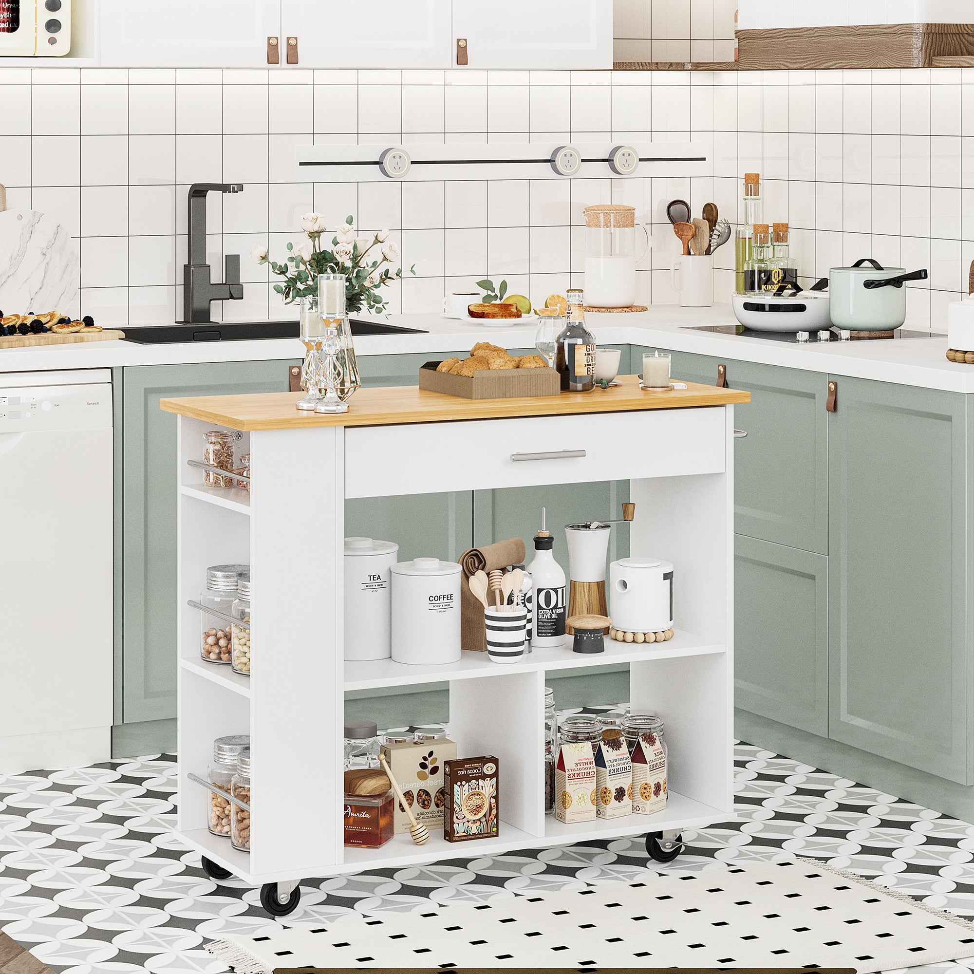 Walsunny Kitchen Island on Wheels with Storage Cabinet, Rolling Cart Kitchen Storage Organizer with/3 Side Spice Rack, 2 Tier Open Shelf for Kitchen (7404396511408)
