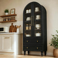 Vongrasig 71" Tall Arched Kitchen Pantry Storage Cabinet with Glass Doors, 2 Large Drawers, 6-Tier Tall Rustic Wood Cupboard Locker for Kitchen, Dining Room, Living Room, Bathroom,Black