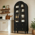 Vongrasig 71" Tall Arched Kitchen Pantry Storage Cabinet with Glass Doors, 2 Large Drawers, 6-Tier Tall Rustic Wood Cupboard Locker for Kitchen, Dining Room, Living Room, Bathroom,Black