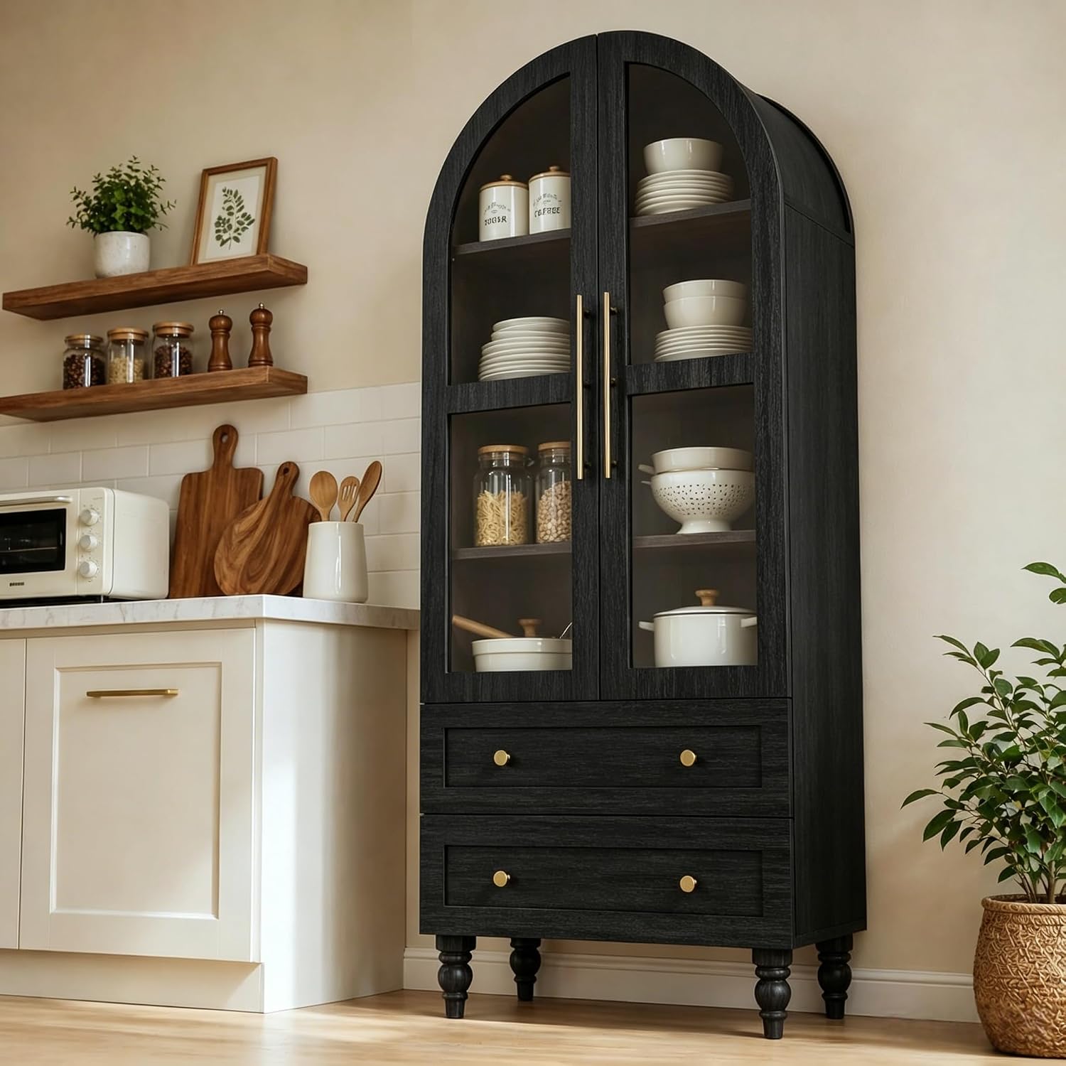 Vongrasig 71" Tall Arched Kitchen Pantry Storage Cabinet with Glass Doors, 2 Large Drawers, 6-Tier Tall Rustic Wood Cupboard Locker for Kitchen, Dining Room, Living Room, Bathroom,Black