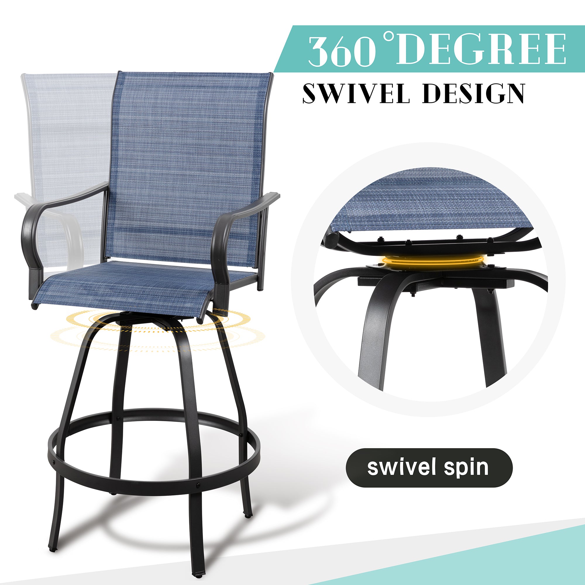 Vongrasig 2 Piece Patio Swivel Bar Chairs, All Weather Metal Textile High Swivel Bar Stools Chairs, Outdoor High Top Bistro Set for Backyard, Lawn Garden, Balcony