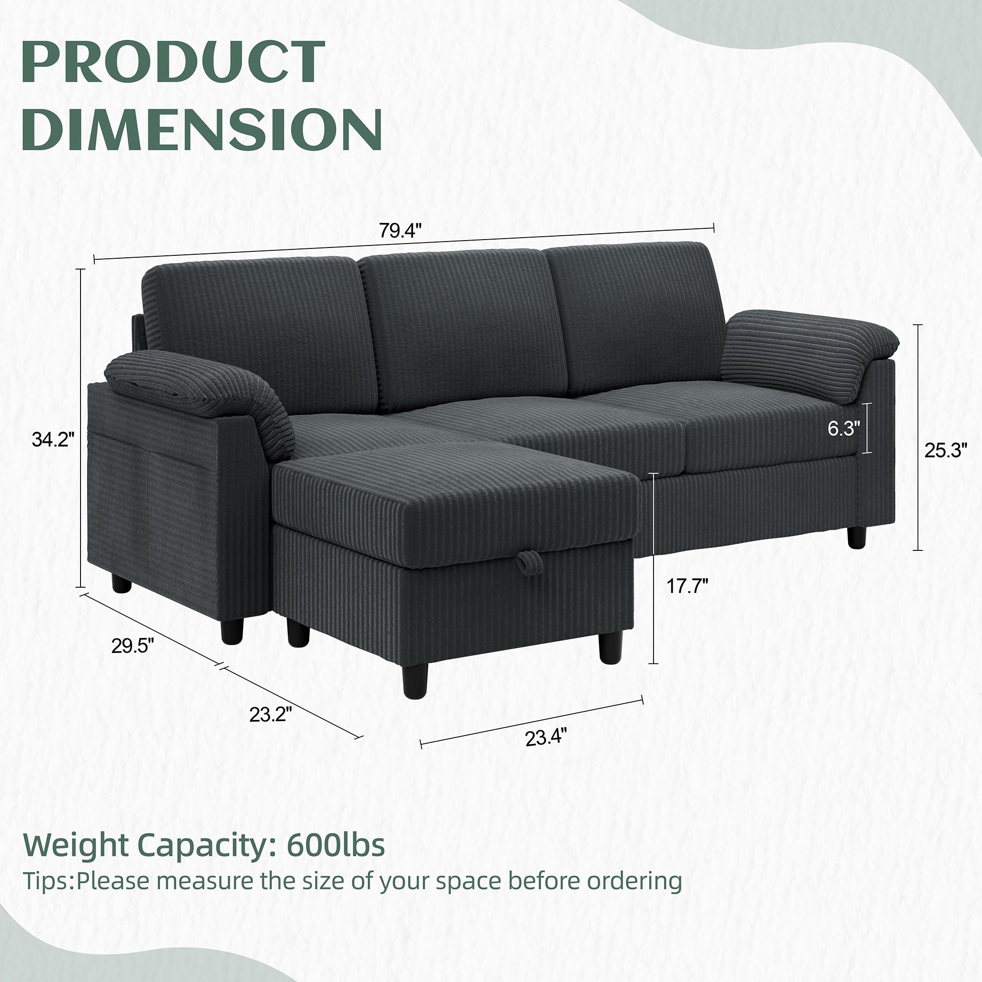 Vongrasig Convertible Sectional Sofa Couch, 3 Seat L Shaped Sofa with Removable Pillows Soft Corduroy Fabric Small Couch Mid Century for Living Room, Apartment and Office, Dark Grey