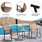 Vongrasig 3 Piece Outdoor Rocking Bistro Set, Textilene Fabric Small Patio Furniture Set, Front Porch Rocker Chairs Conversation Set with Glass Table for Lawn, Garden, Balcony, Poolside