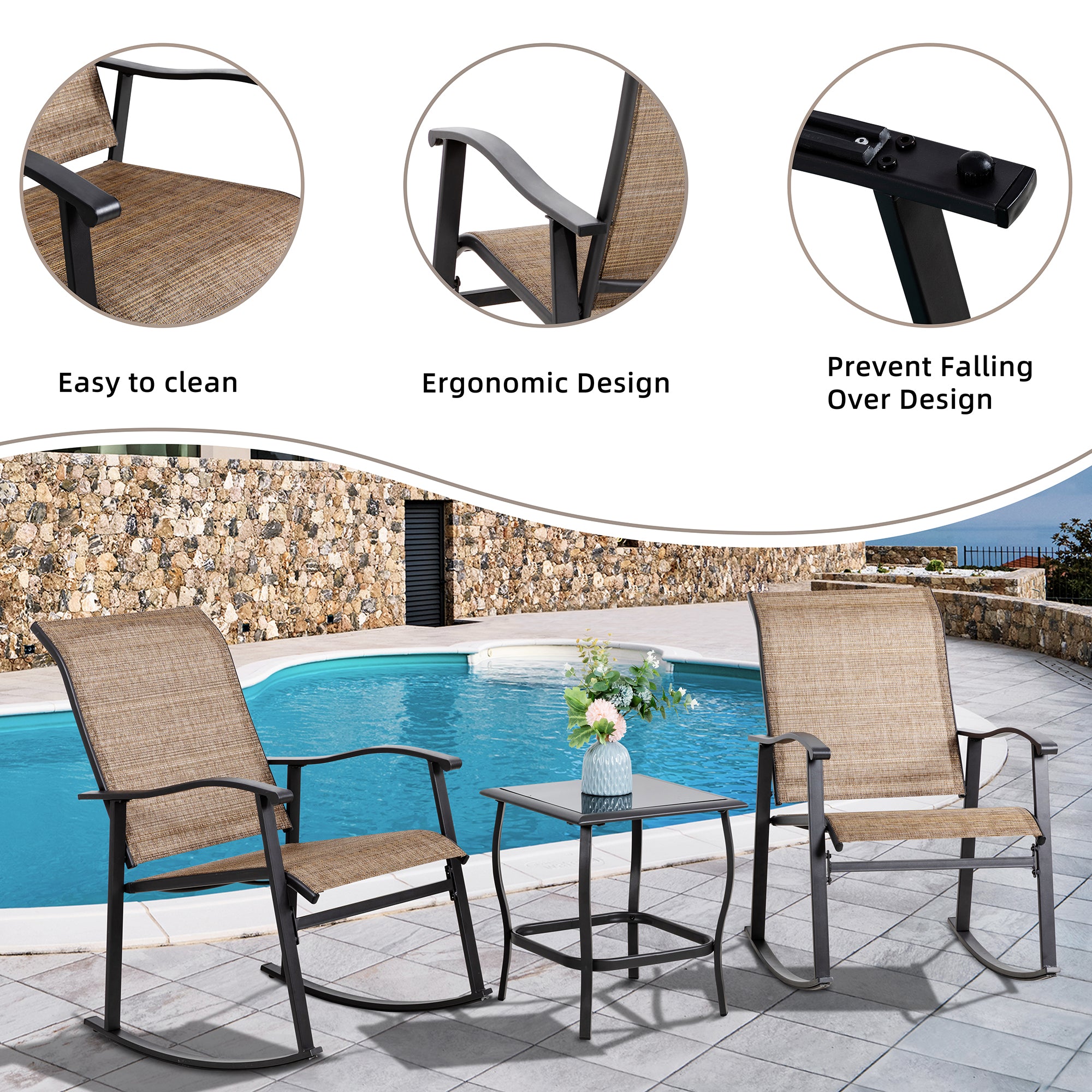 Vongrasig 3 Piece Outdoor Rocking Bistro Set, Textilene Fabric Small Patio Furniture Set, Front Porch Rocker Chairs Conversation Set with Glass Table for Lawn, Garden, Balcony, Poolside