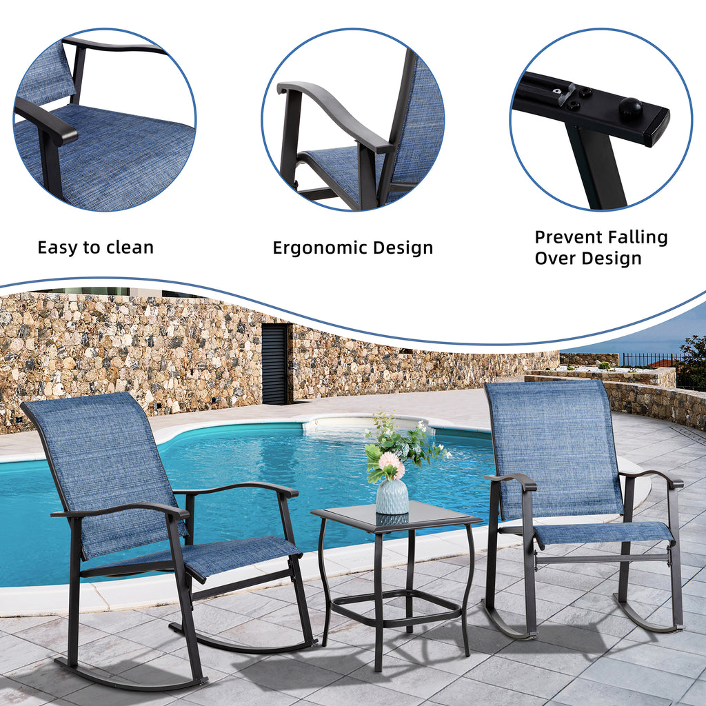 Vongrasig 3 Piece Outdoor Rocking Bistro Set, Textilene Fabric Small Patio Furniture Set, Front Porch Rocker Chairs Conversation Set with Glass Table for Lawn, Garden, Balcony, Poolside