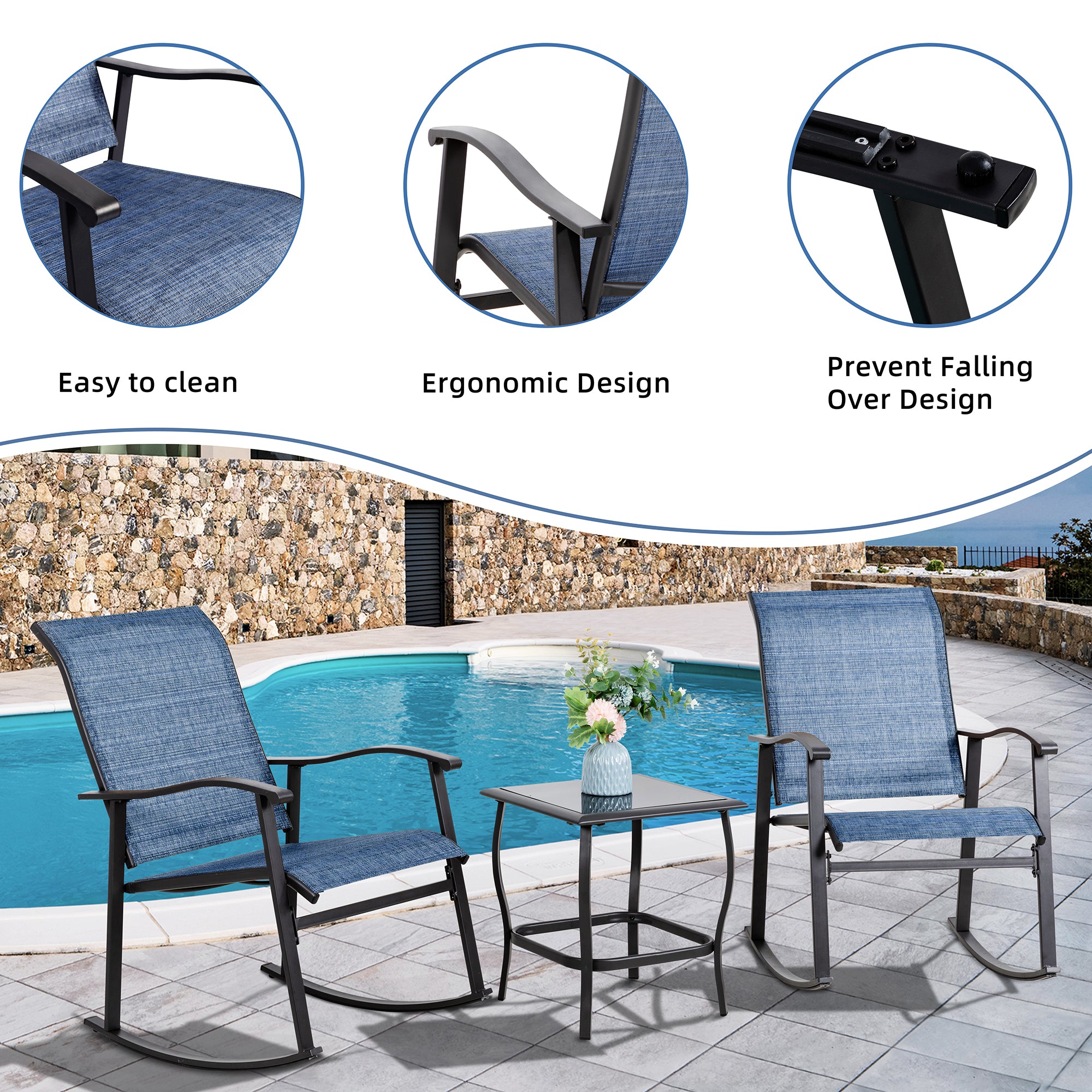 Vongrasig 3 Piece Outdoor Rocking Bistro Set, Textilene Fabric Small Patio Furniture Set, Front Porch Rocker Chairs Conversation Set with Glass Table for Lawn, Garden, Balcony, Poolside