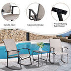Vongrasig 3 Piece Outdoor Rocking Bistro Set, Textilene Fabric Small Patio Furniture Set, Front Porch Rocker Chairs Conversation Set with Glass Table for Lawn, Garden, Balcony, Poolside