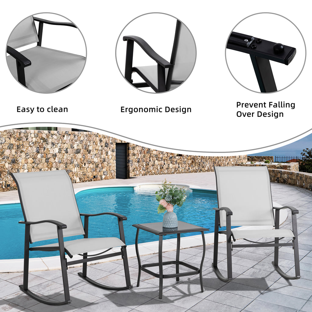 Vongrasig 3 Piece Outdoor Rocking Bistro Set, Textilene Fabric Small Patio Furniture Set, Front Porch Rocker Chairs Conversation Set with Glass Table for Lawn, Garden, Balcony, Poolside