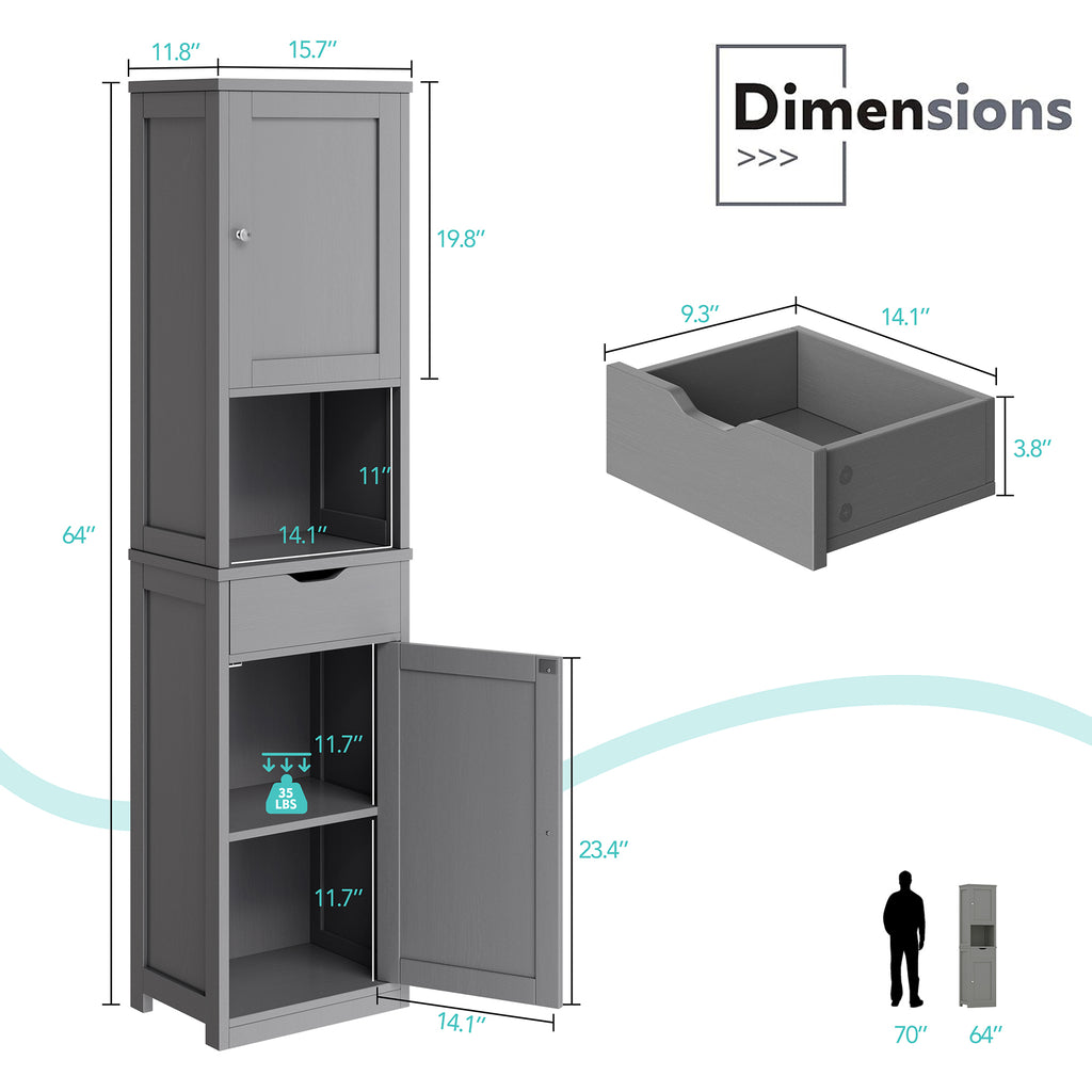 Vongrasig Tall Bathroom Storage Cabinet, 64”H Narrow Storage Unit for Small Spaces, Freestanding Modern Cabinet with Adjustable Shelves for Bathroom, Living Room, Kitchen