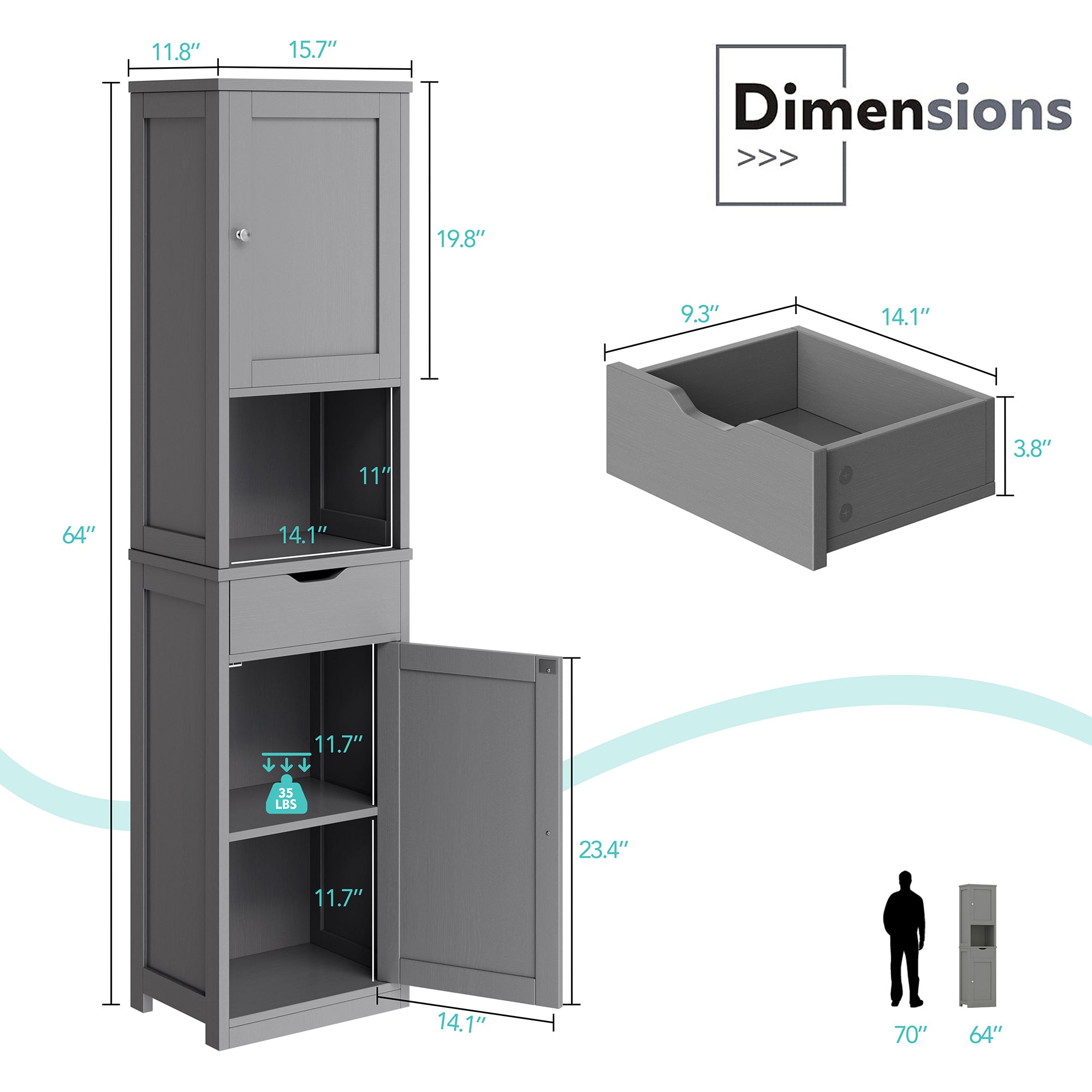 Vongrasig Tall Bathroom Storage Cabinet, 64”H Narrow Storage Unit for Small Spaces, Freestanding Modern Cabinet with Adjustable Shelves for Bathroom, Living Room, Kitchen