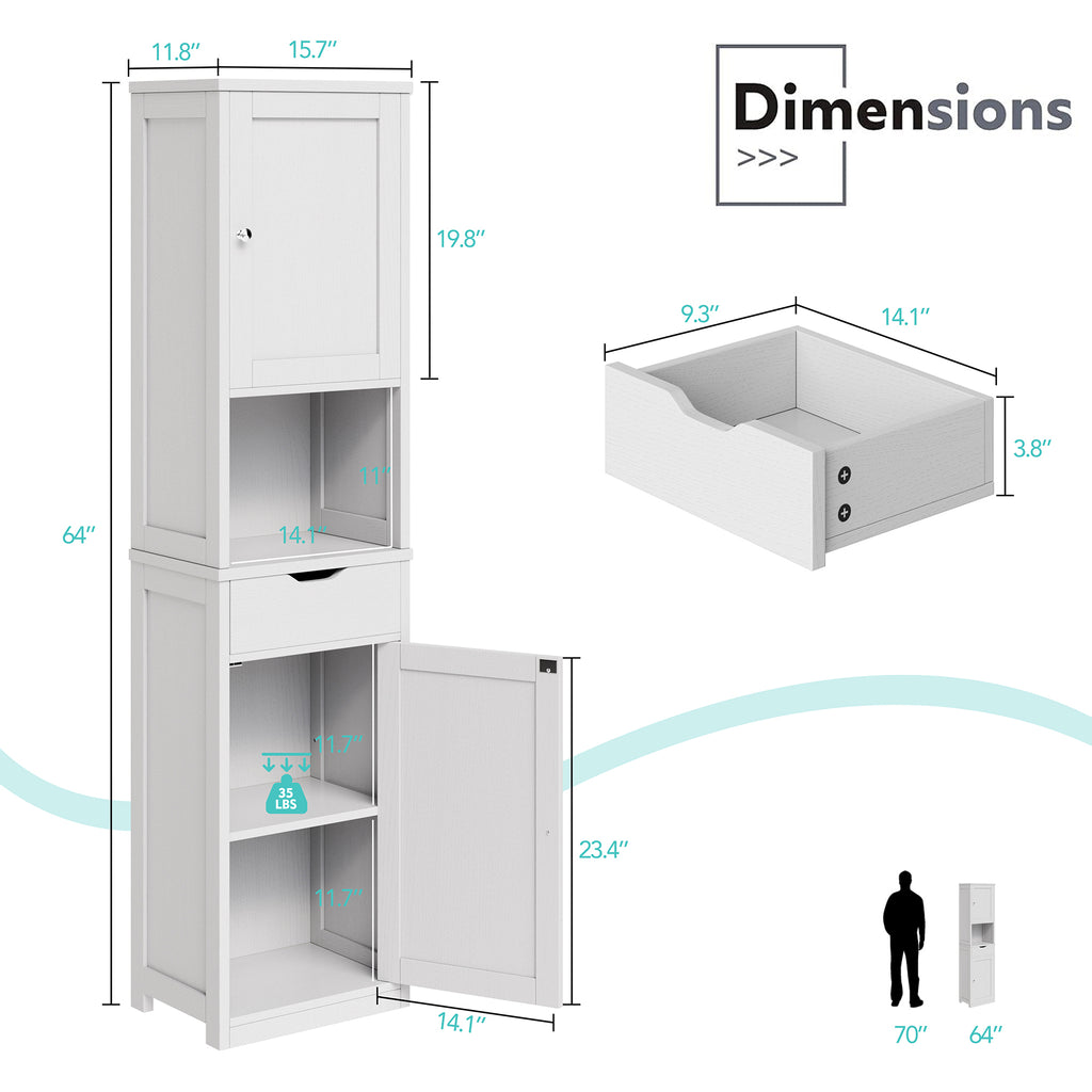 Vongrasig Tall Bathroom Storage Cabinet, 64”H Narrow Storage Unit for Small Spaces, Freestanding Modern Cabinet with Adjustable Shelves for Bathroom, Living Room, Kitchen