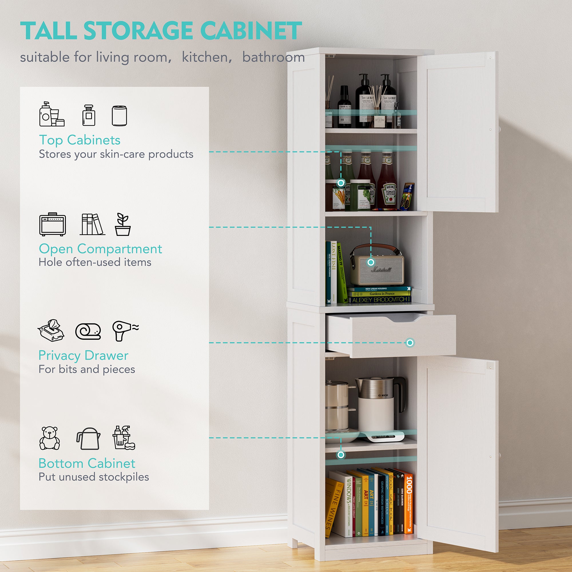 Vongrasig Tall Bathroom Storage Cabinet, 64”H Narrow Storage Unit for Small Spaces, Freestanding Modern Cabinet with Adjustable Shelves for Bathroom, Living Room, Kitchen