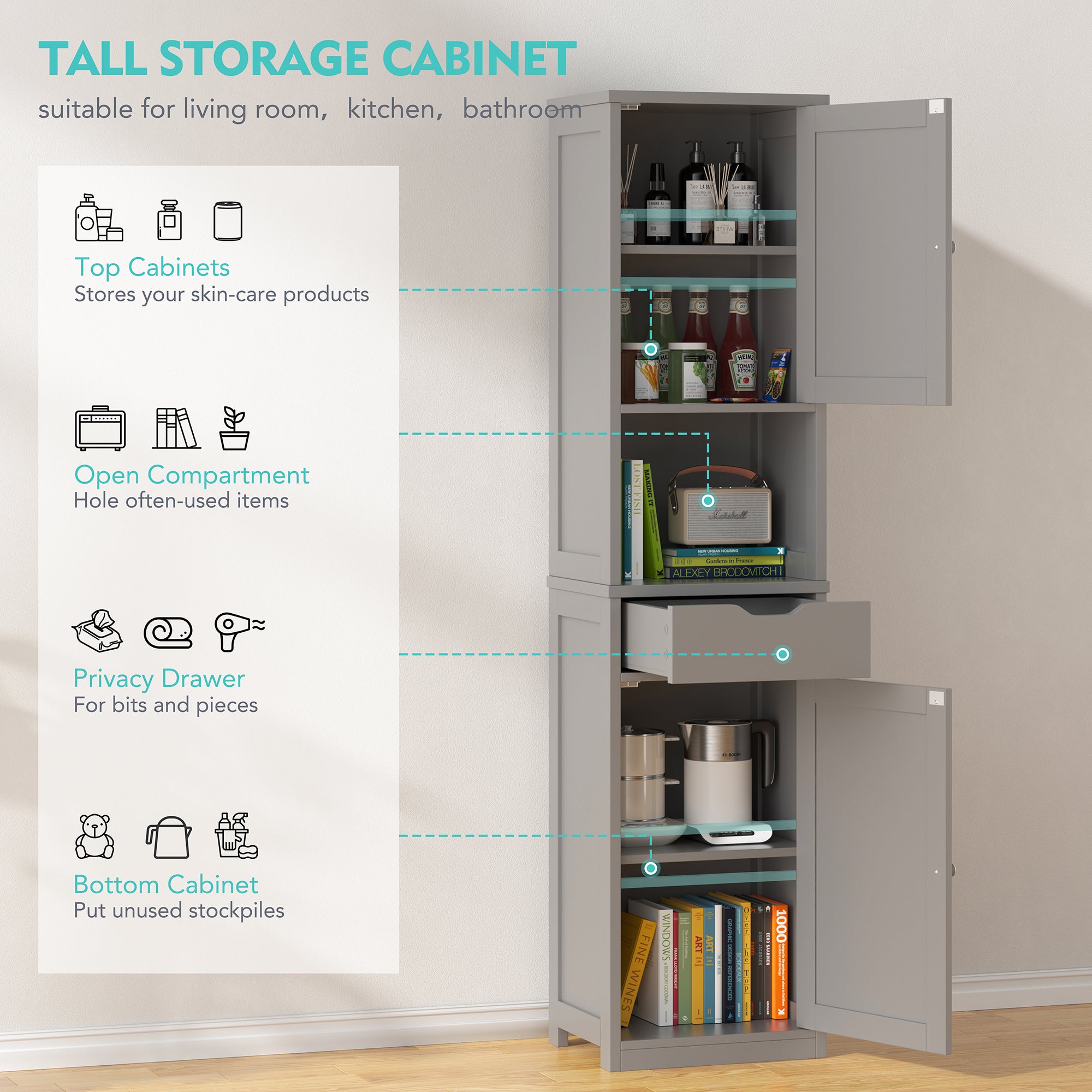 Vongrasig Tall Bathroom Storage Cabinet, 64”H Narrow Storage Unit for Small Spaces, Freestanding Modern Cabinet with Adjustable Shelves for Bathroom, Living Room, Kitchen