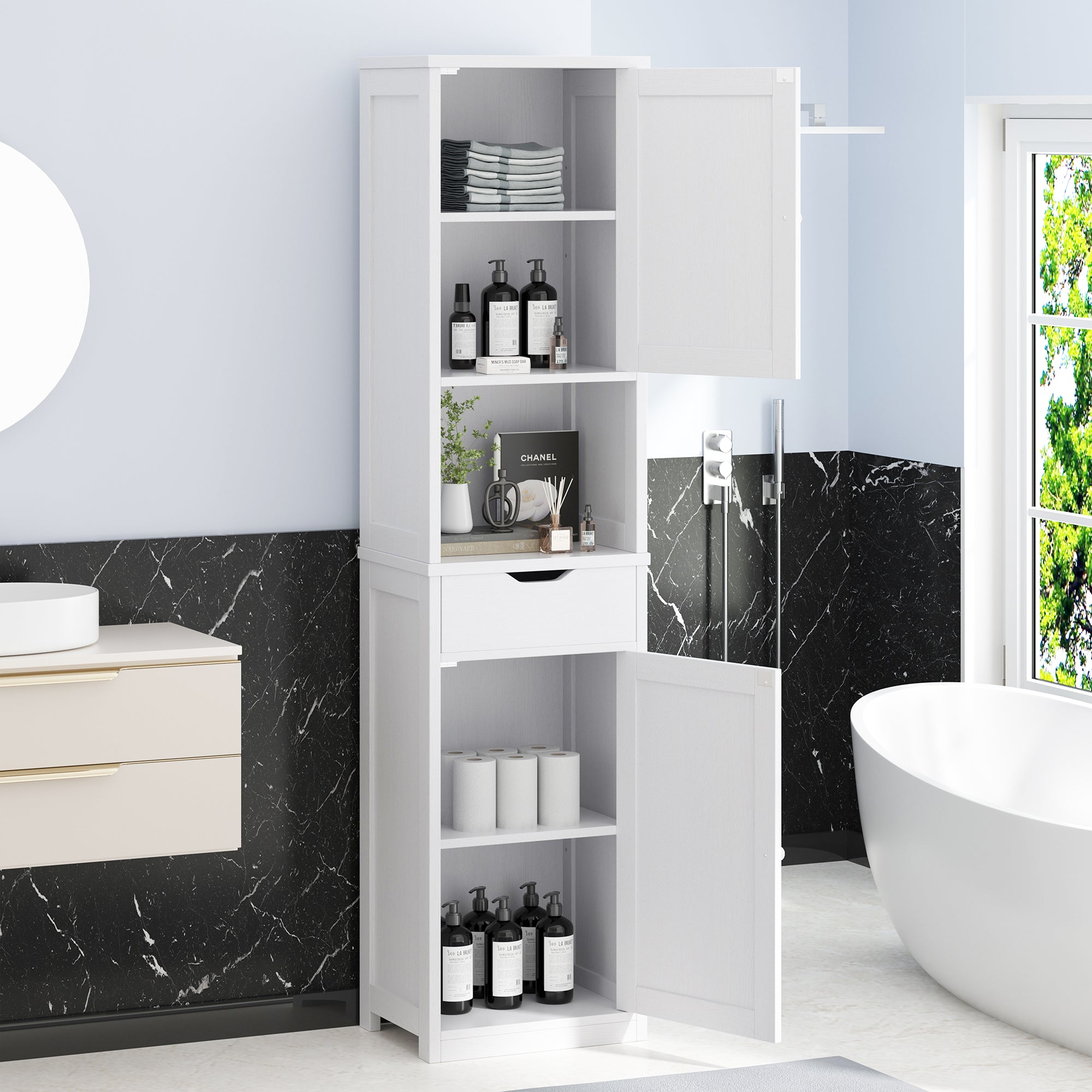 Vongrasig Tall Bathroom Storage Cabinet, 64”H Narrow Storage Unit for Small Spaces, Freestanding Modern Cabinet with Adjustable Shelves for Bathroom, Living Room, Kitchen