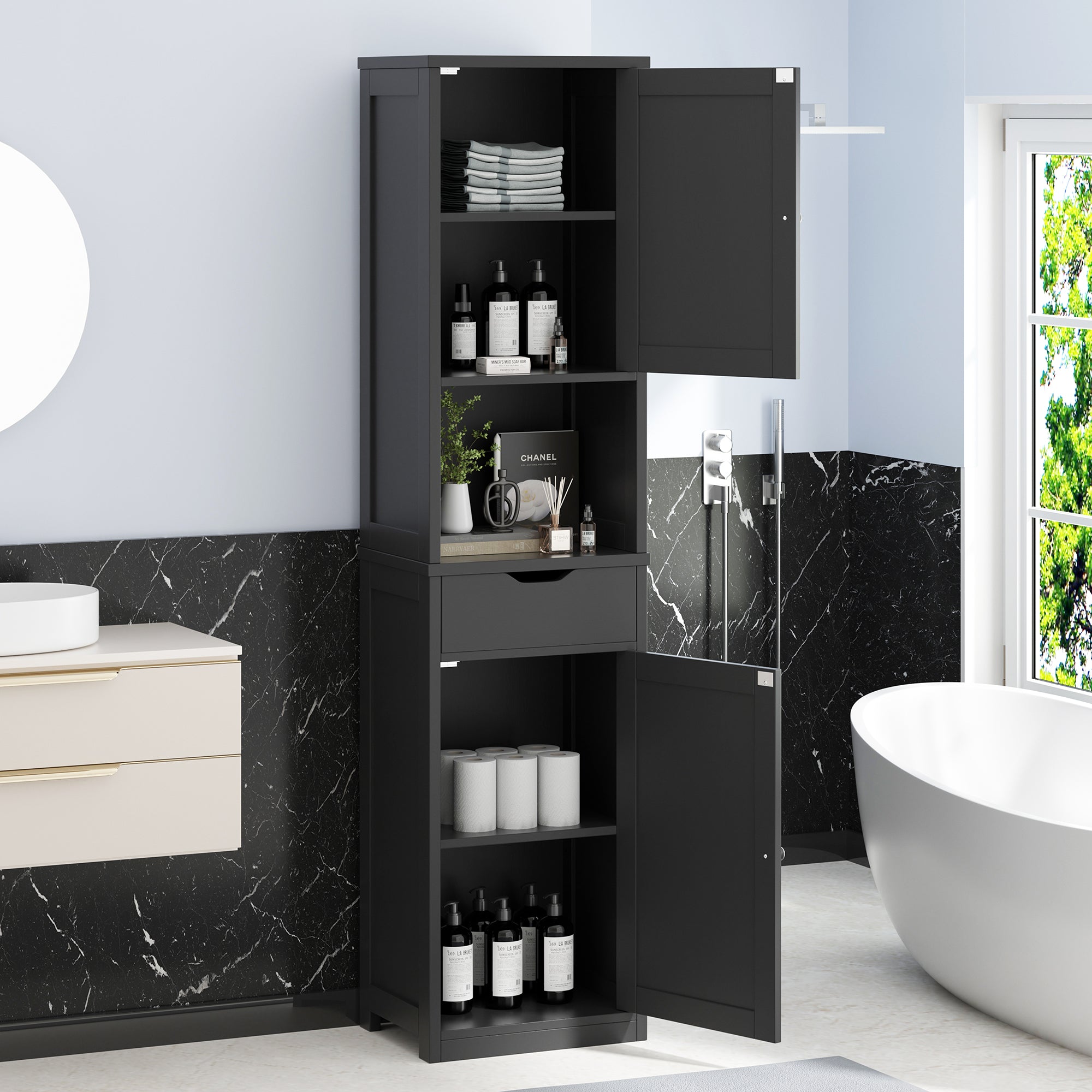 Vongrasig Tall Bathroom Storage Cabinet, 64”H Narrow Storage Unit for Small Spaces, Freestanding Modern Cabinet with Adjustable Shelves for Bathroom, Living Room, Kitchen