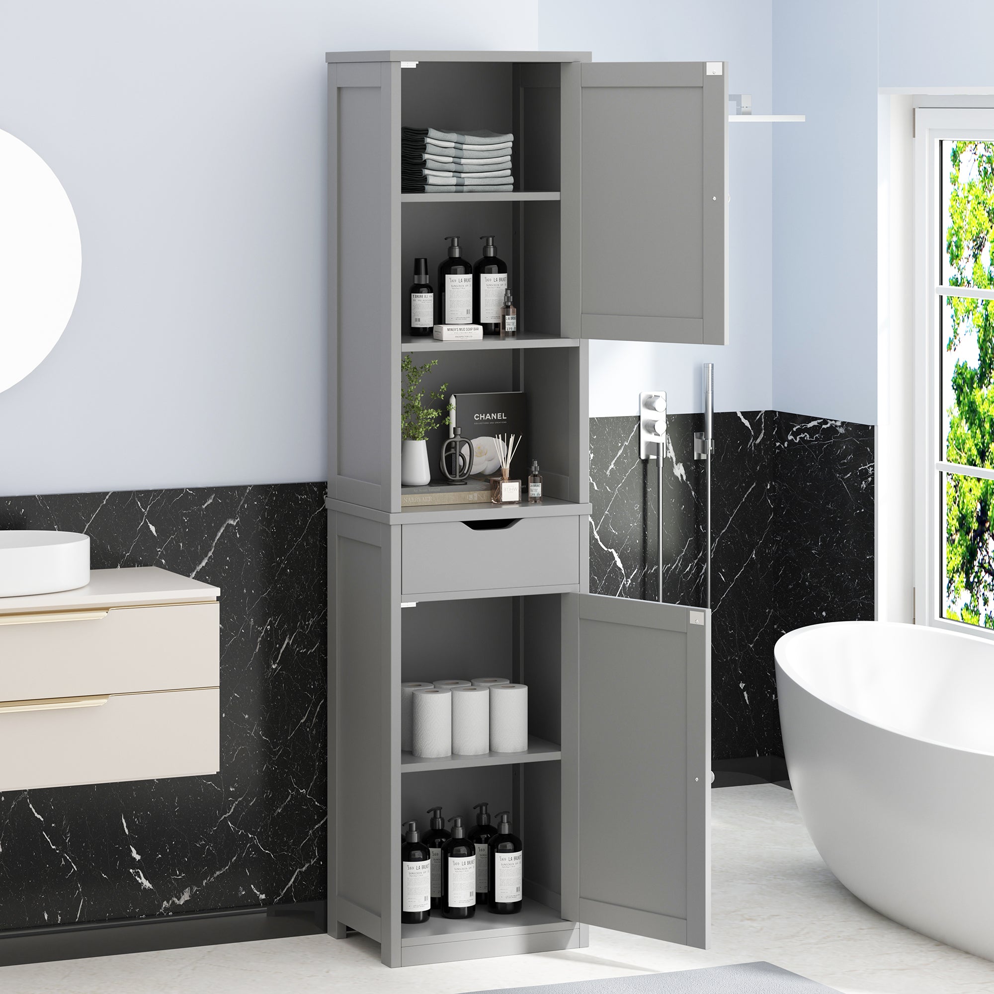 Vongrasig Tall Bathroom Storage Cabinet, 64”H Narrow Storage Unit for Small Spaces, Freestanding Modern Cabinet with Adjustable Shelves for Bathroom, Living Room, Kitchen