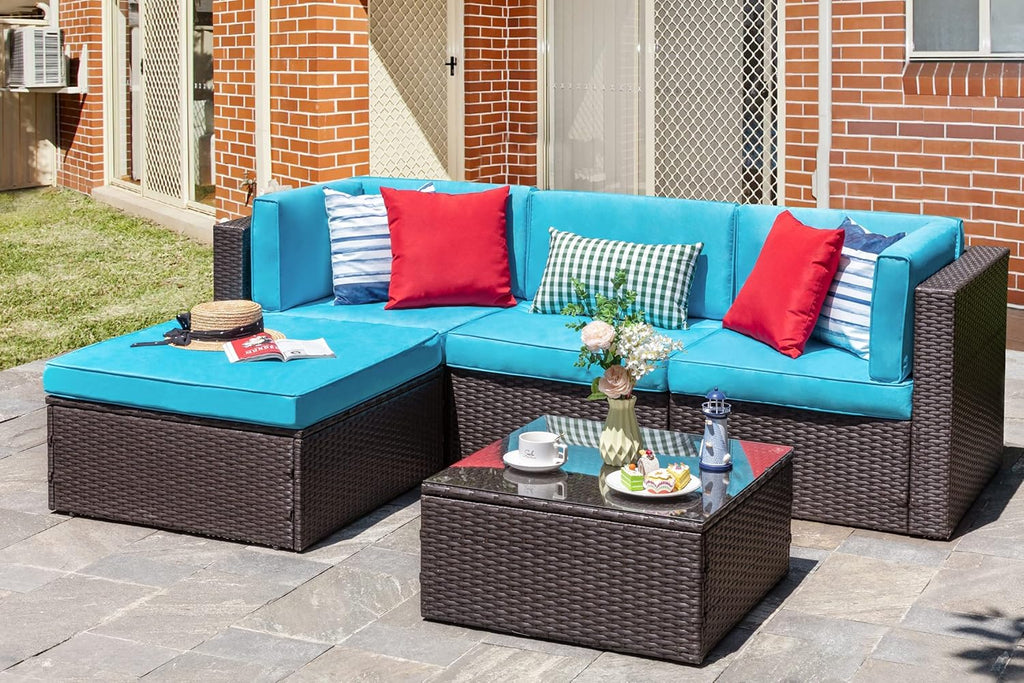 Vongrasig Patio Furniture Sets, Outdoor Patio Set Sectional Sofa, All-Weather PE Rattan Outdoor Couch with Ottoman, Glass Table for Garden, Backyard, Porch