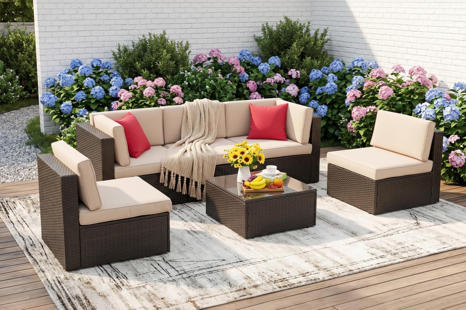 Vongrasig Patio Furniture Sets, Outdoor Patio Set Sectional Sofa, All-Weather PE Rattan Outdoor Couch with Ottoman, Glass Table for Garden, Backyard, Porch