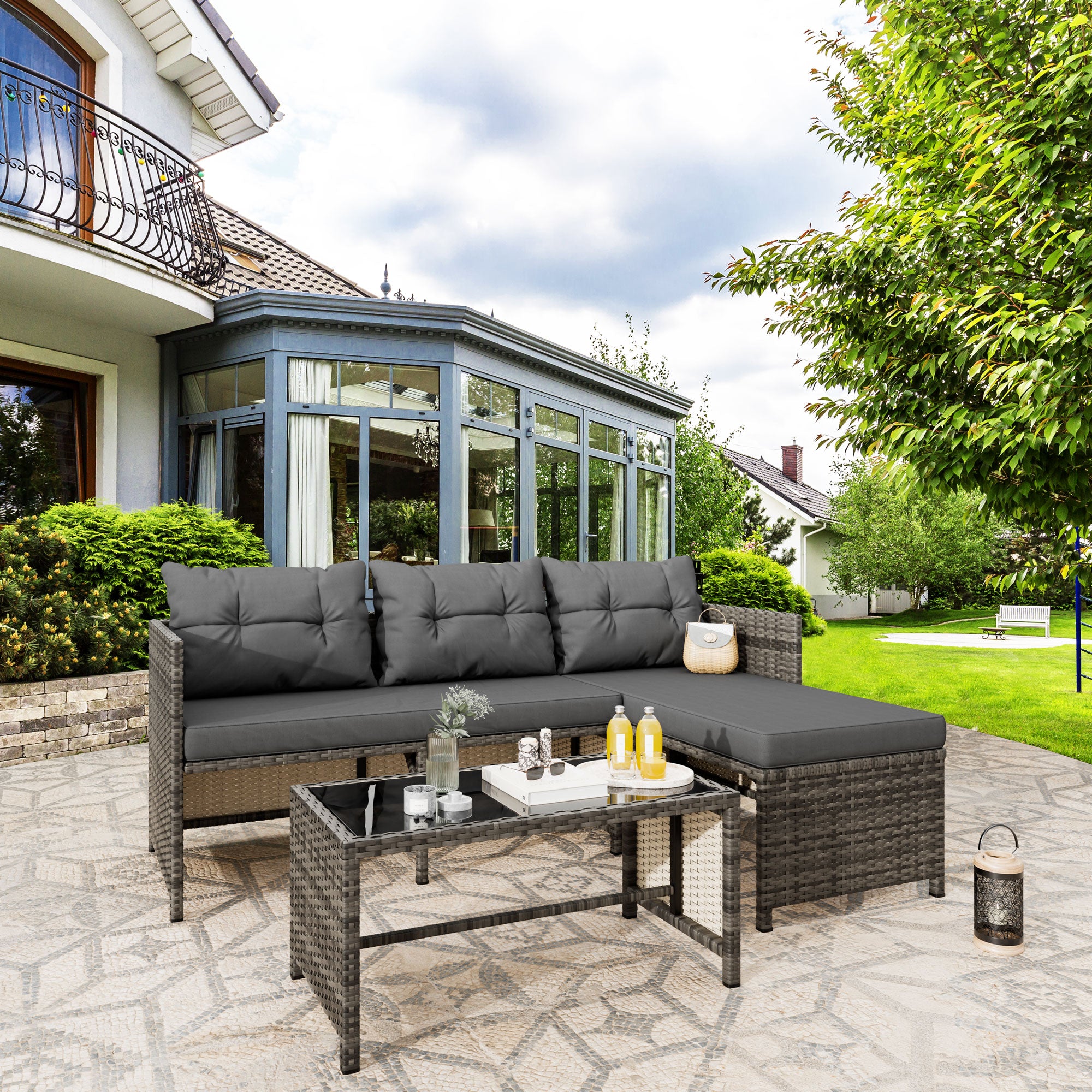 Vongrasig 3 Pieces Patio Furniture Sets, All-Weather Wicker Outdoor Sofa Couch Sectional Set, Small Conversation Set for Patio, Garden w/Cushion, Glass Table