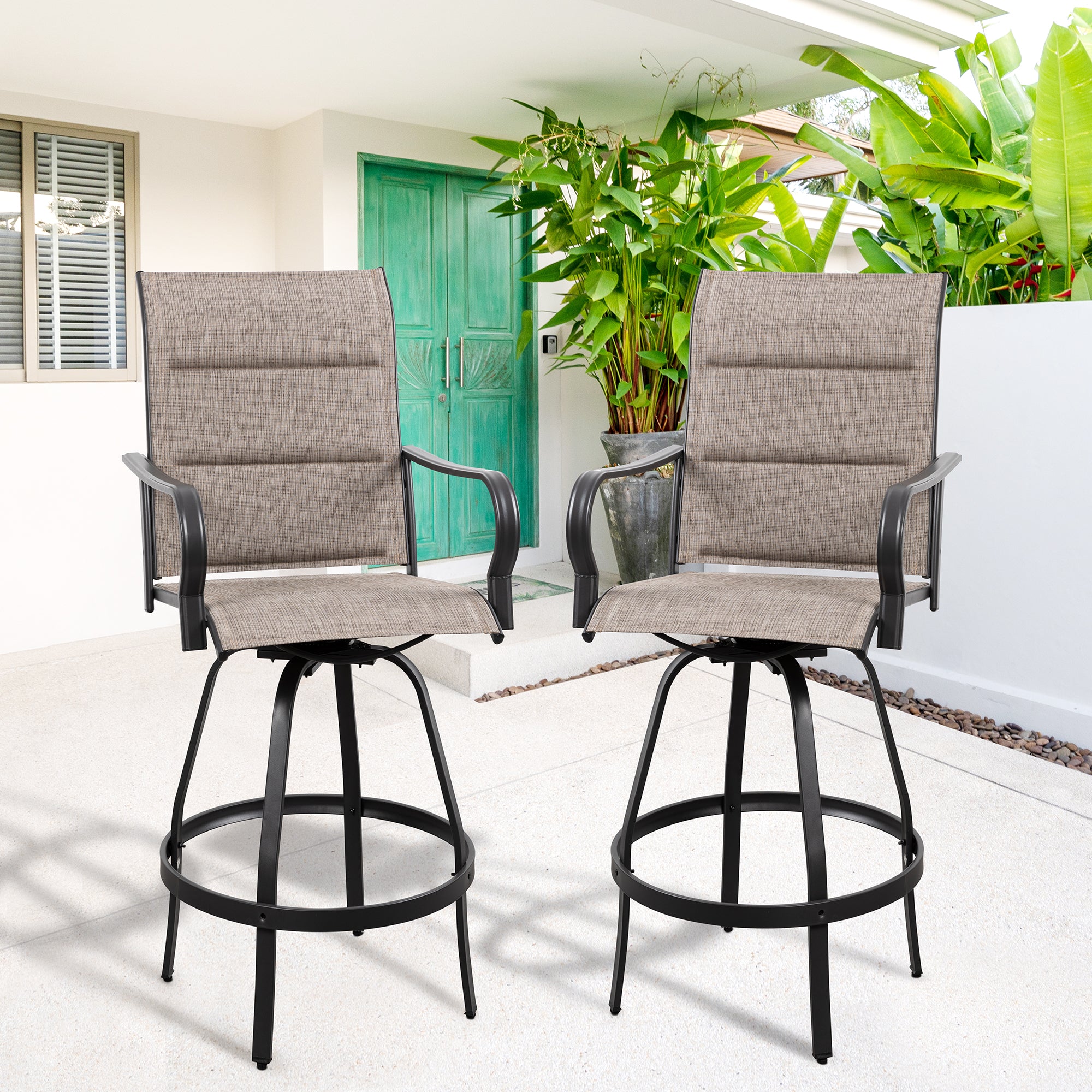 Vongrasig 2 Piece Patio Swivel Bar Chairs, All Weather Metal Textile High Swivel Bar Stools Chairs, Outdoor High Top Bistro Set for Backyard, Lawn Garden, Balcony