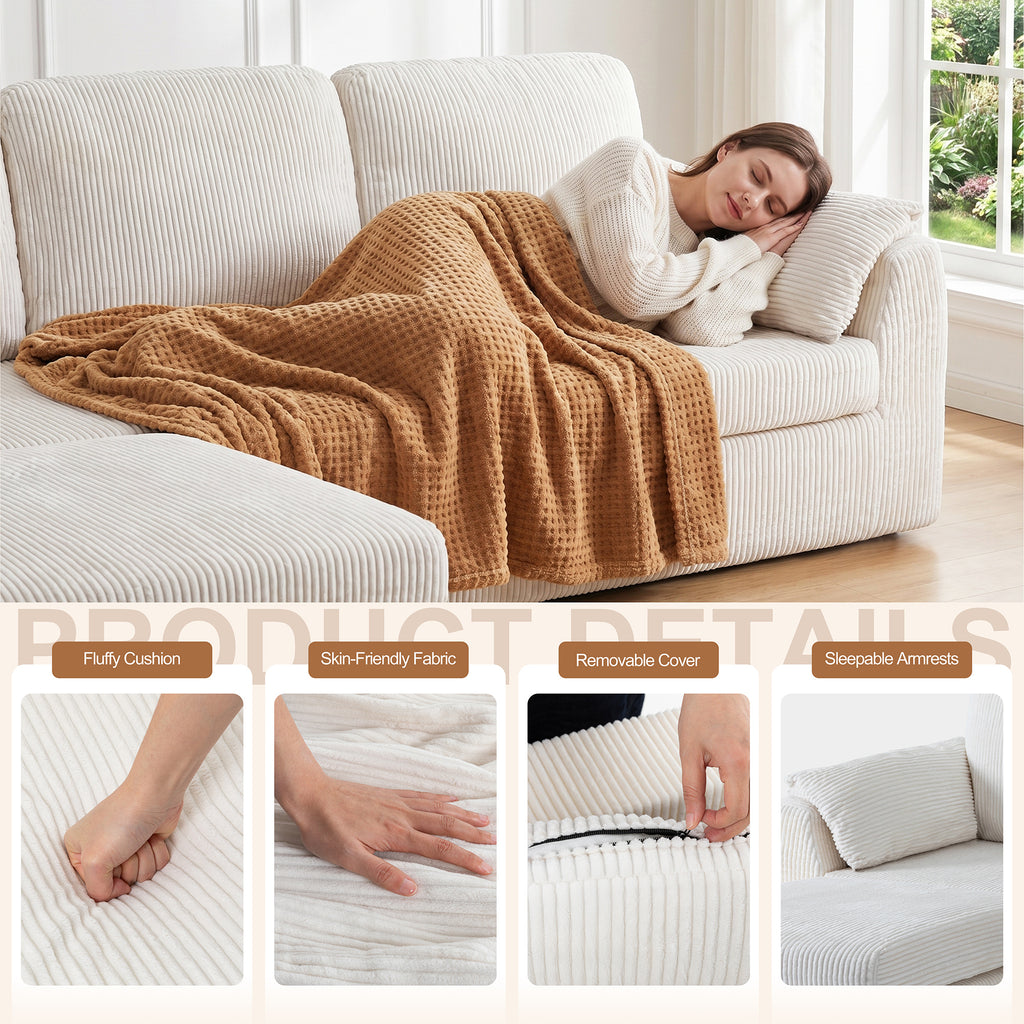 Vongrasig Boneless Convertible Sectional Sofa Couch, 3 Seat L Shaped Sofa with Removable Pillows Plush Corduroy Fabric Small Couches for Living Room, Apartment and Office