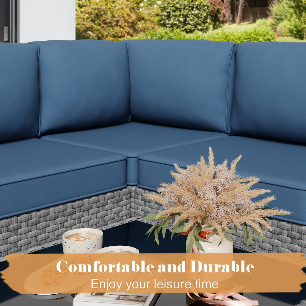 Vongrasig 5 Piece Patio Furniture Sets, Outdoor Patio Set Sectional Sofa, All-Weather PE Rattan Outdoor Couch with Ottoman, Glass Table for Garden, Backyard, Porch, Beige