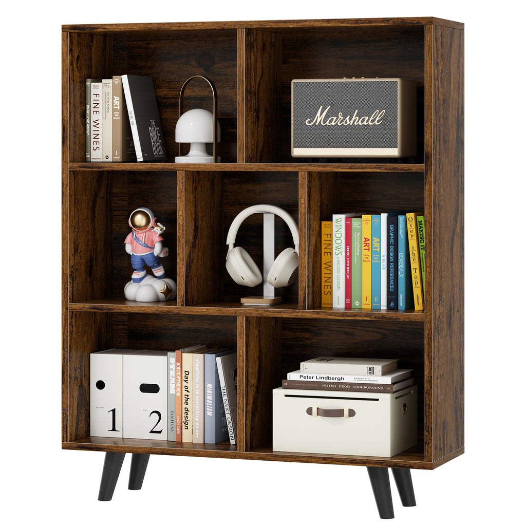 Vongrasig 7 Cube Bookshelf, 3 Tier Mid-Century Modern Bookcase with Legs, Wooden Bookshelf Storage Organizer Display Bookcase for Bedroom, Living Room, Office, Rustic