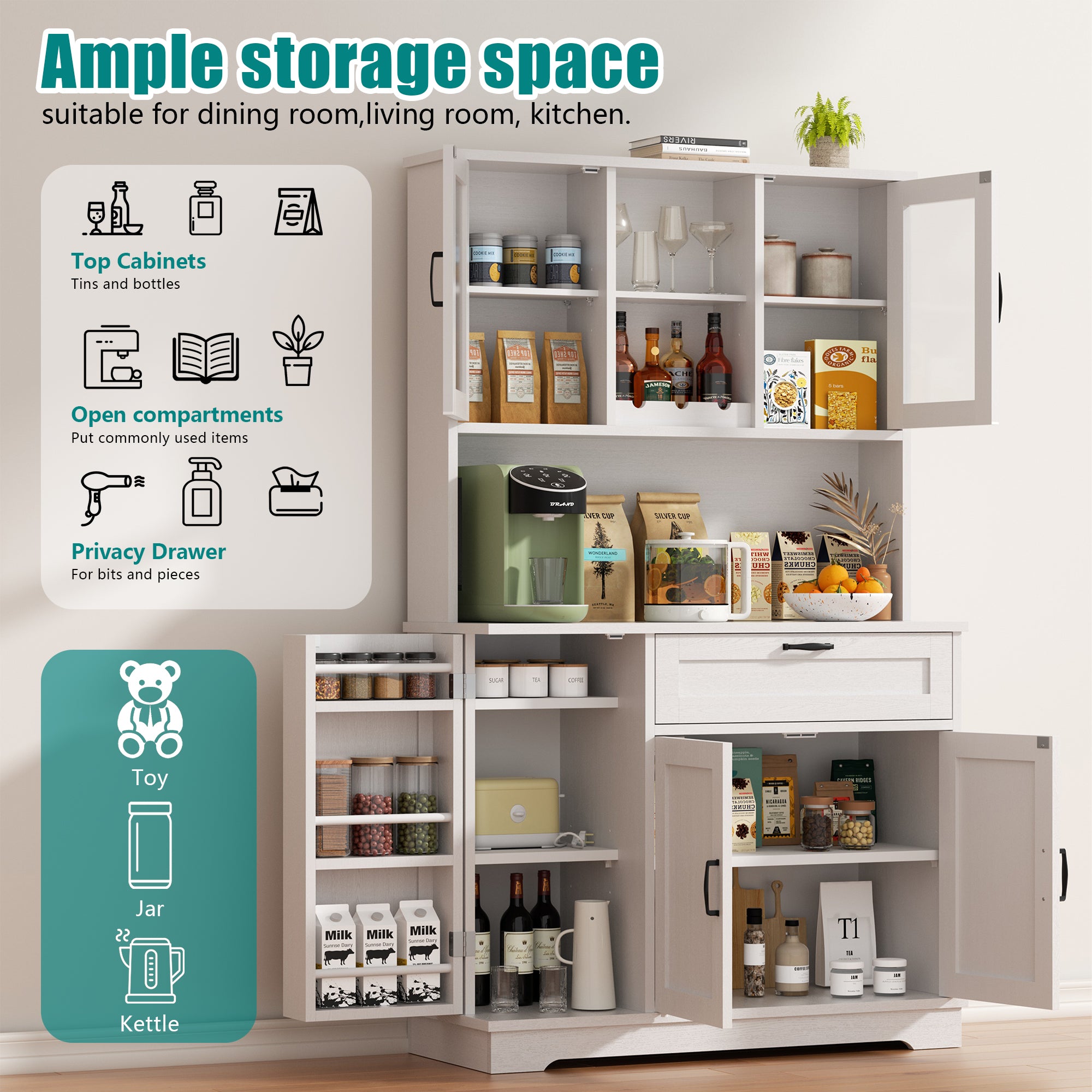 Vongrasig Kitchen Pantry Cabinet, Farmhouse Kitchen Hutch Tall Storage Cabinet with Doors and Shelves, Modern Food Pantry for Dining Room