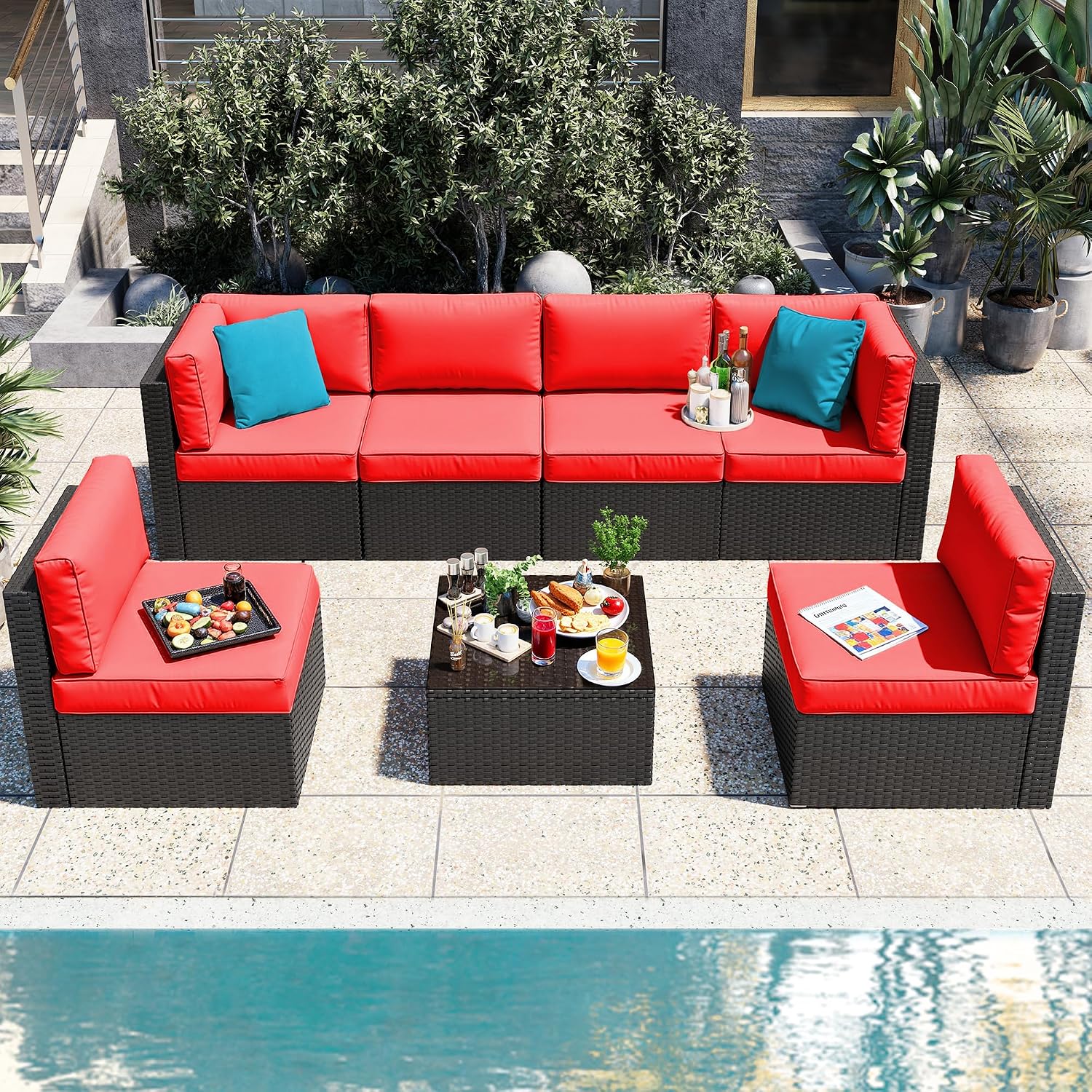 Vongrasig Patio Furniture Sets, Outdoor Patio Set Sectional Sofa, All-Weather PE Rattan Outdoor Couch with Ottoman, Glass Table for Garden, Backyard, Porch