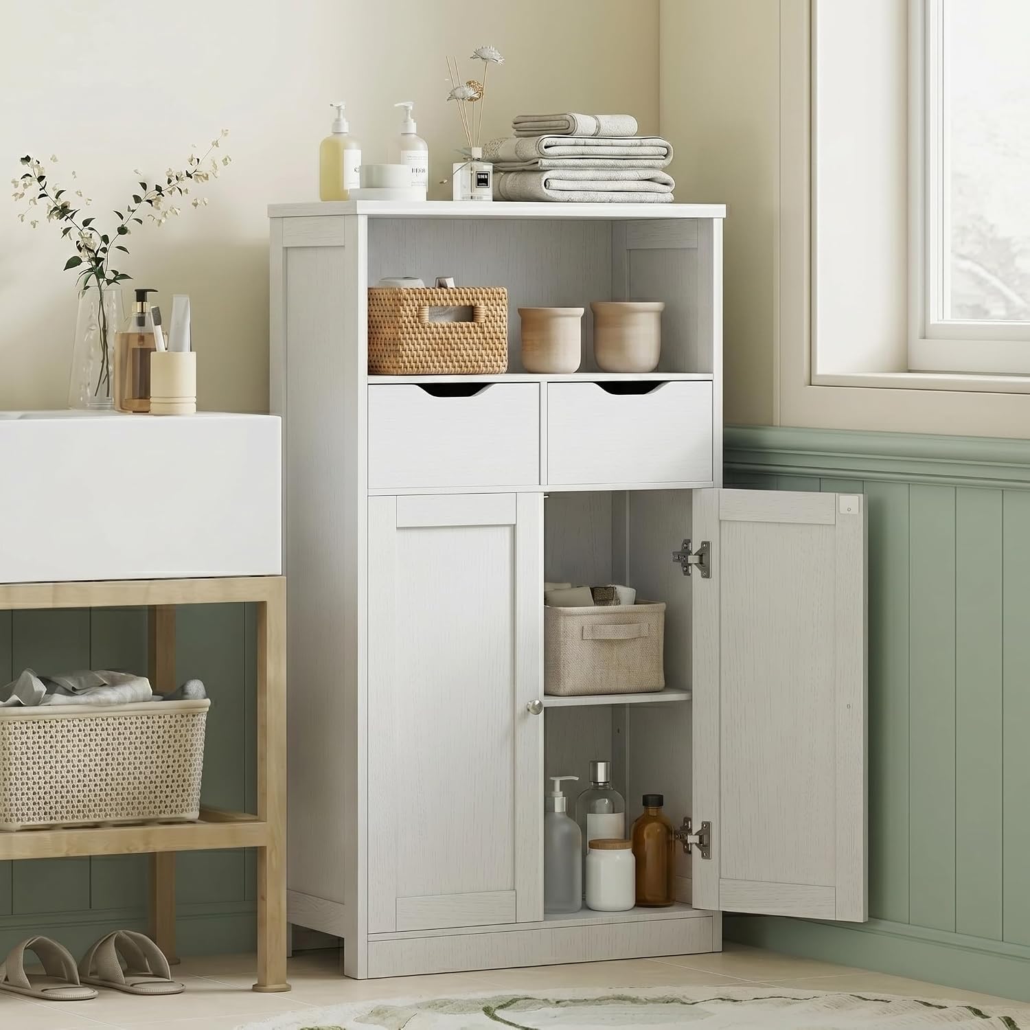 Vongrasig Bathroom Storage Cabinet, 42.5" H Freestanding Floor Cabinet | Wooden Modern Cabinet with 2 Drawers, Open Shelf and Adjustable Shelf for Bathroom, Laundry Room and Entryway