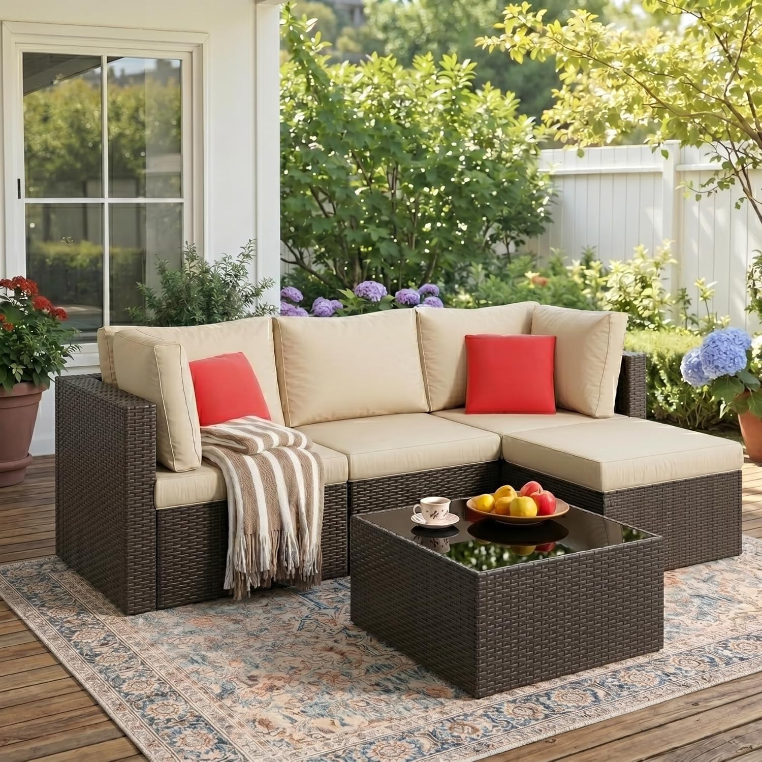 Vongrasig Patio Furniture Sets, Outdoor Patio Set Sectional Sofa, All-Weather PE Rattan Outdoor Couch with Ottoman, Glass Table for Garden, Backyard, Porch