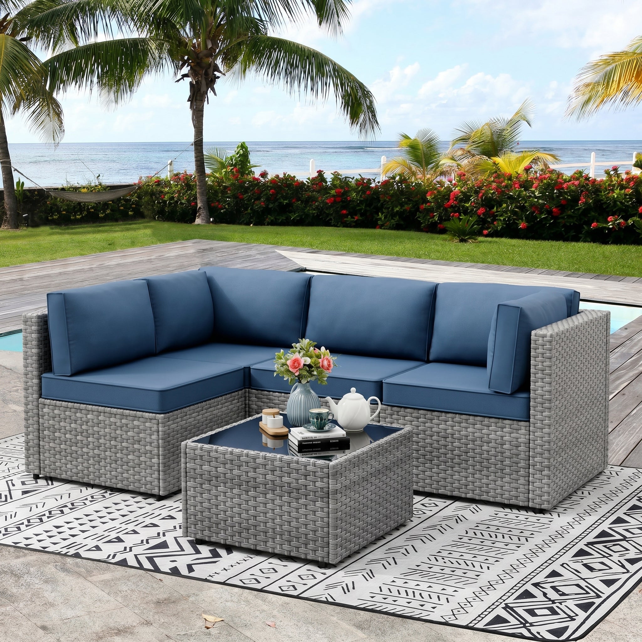Vongrasig 5 Piece Patio Furniture Sets, Outdoor Patio Set Sectional Sofa, All-Weather PE Rattan Outdoor Couch with Ottoman, Glass Table for Garden, Backyard, Porch, Beige
