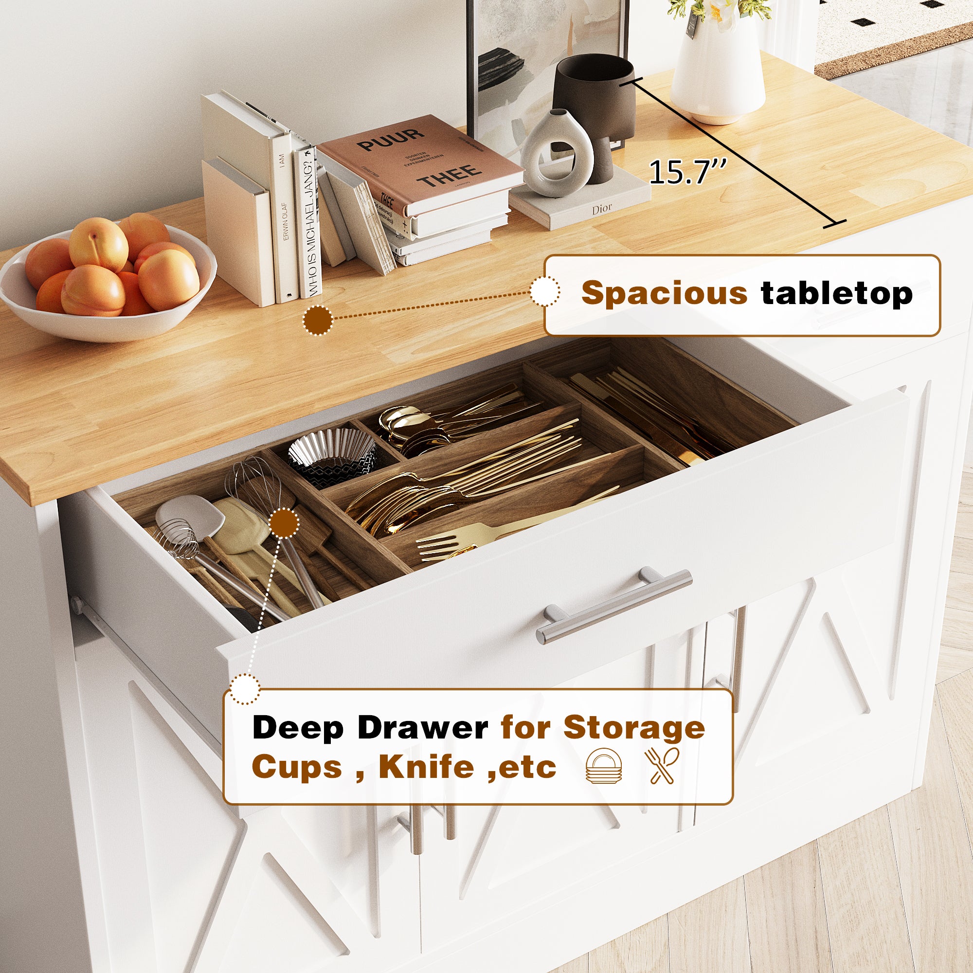 Vongrasig 43” Coffee Bar Cabinet, Farmhouse Buffet Cabinet with Storage, Sideboard Buffet with Drawers and Shelves for Kitchen