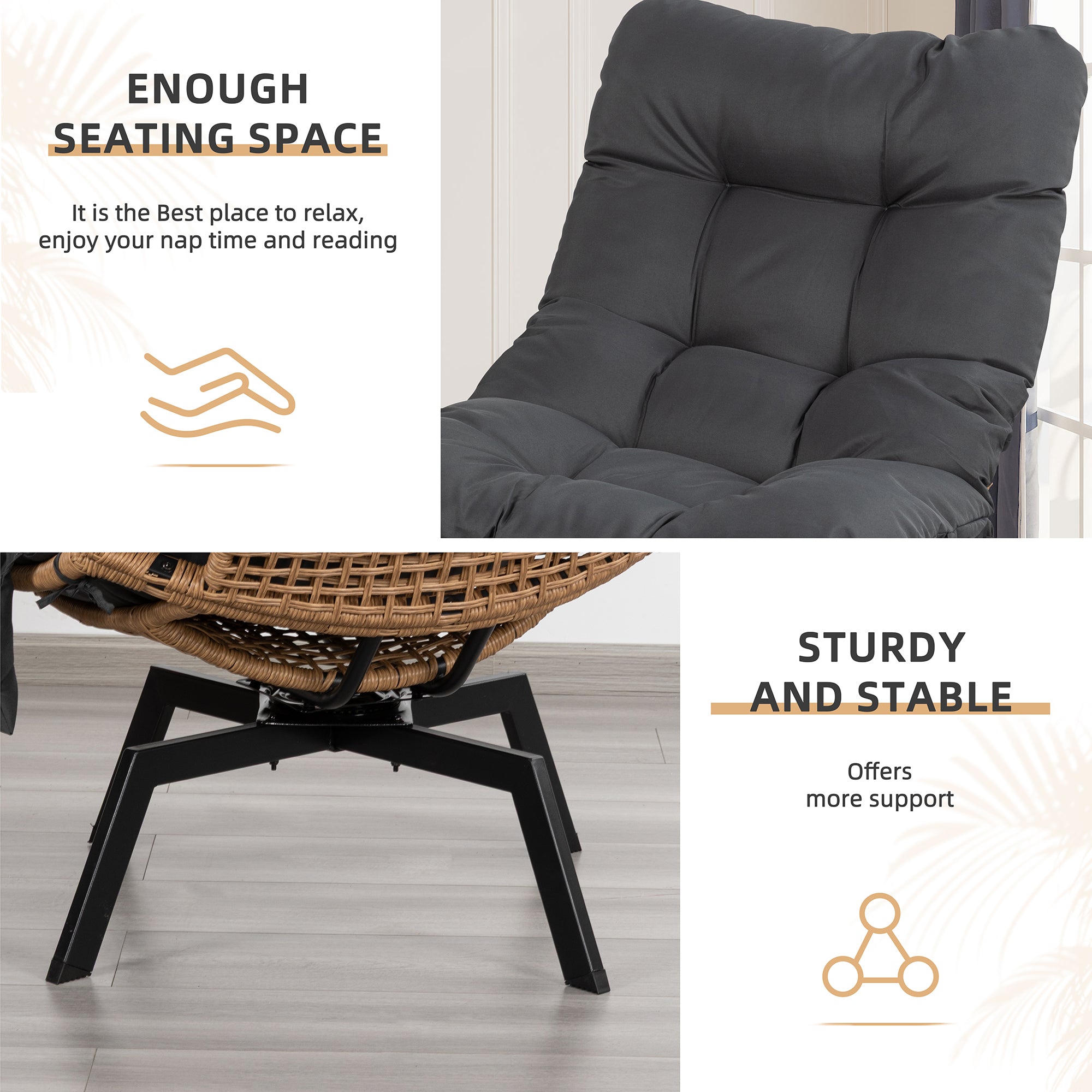 Vongrasig Swivel Wicker Chair PE Rattan Chair with Cushion, Oversized Patio Lounge Chair for Outdoor, Indoor, Balcony, Backyard, Garden, Living Room
