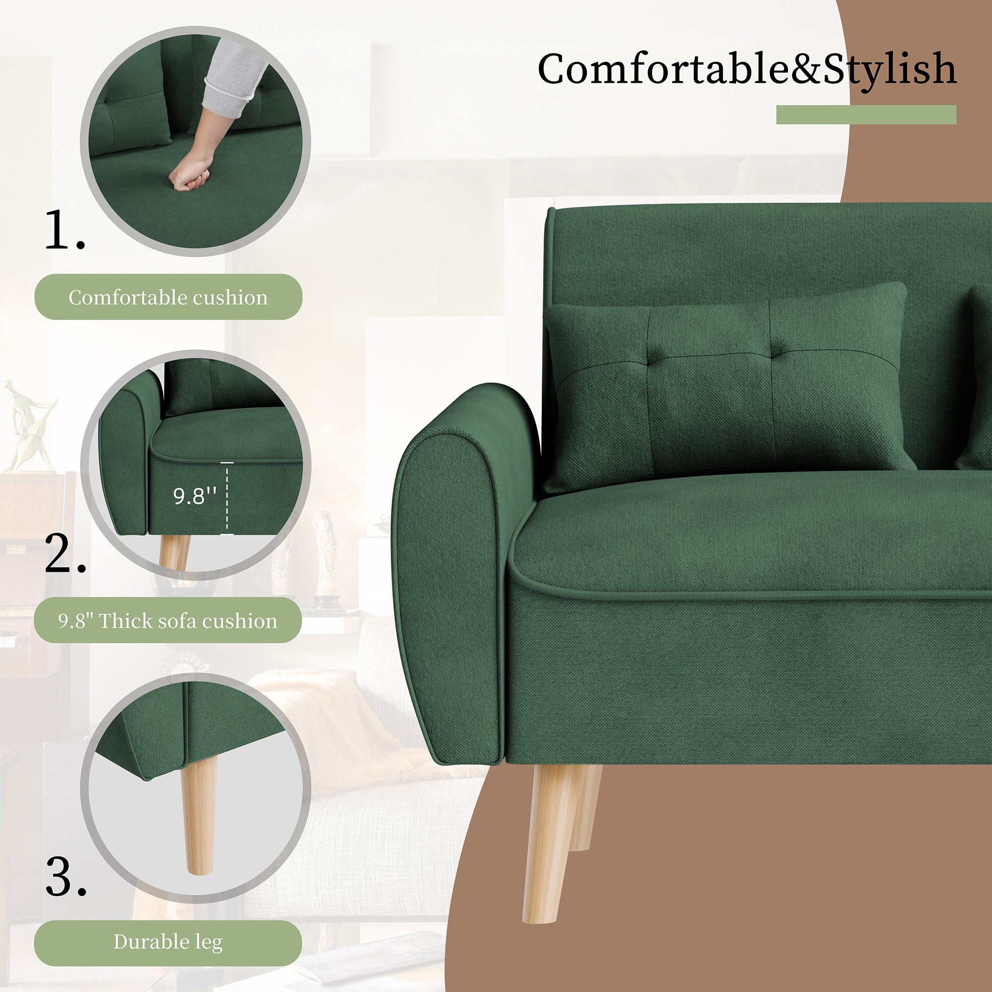 Vongrasig 48" Small Modern Loveseat Sofa, Mid Century Soft Corduroy Fabric 3-Seat Sofa Couch Tufted with Back Cushions and Tapered Legs for Living Room, Bedroom and Small Space