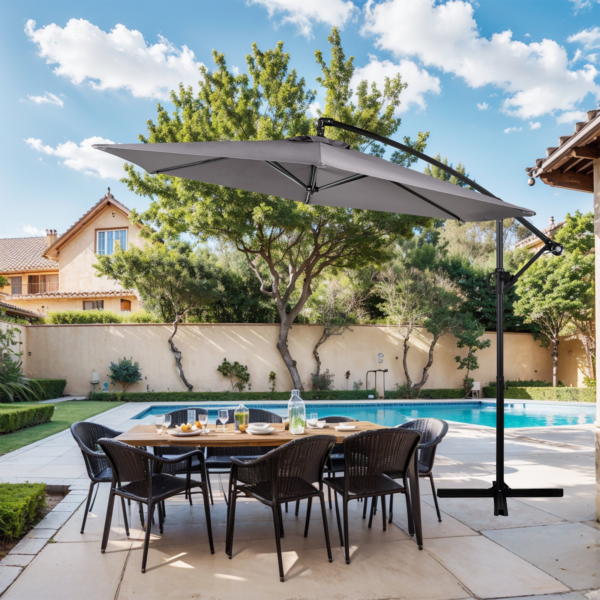Walsunny Patio Offset Umbrella Easy Tilt Adjustment,Crank and Cross Base, Outdoor Cantilever Hanging Umbrella with 8 Ribs (7504185786544)