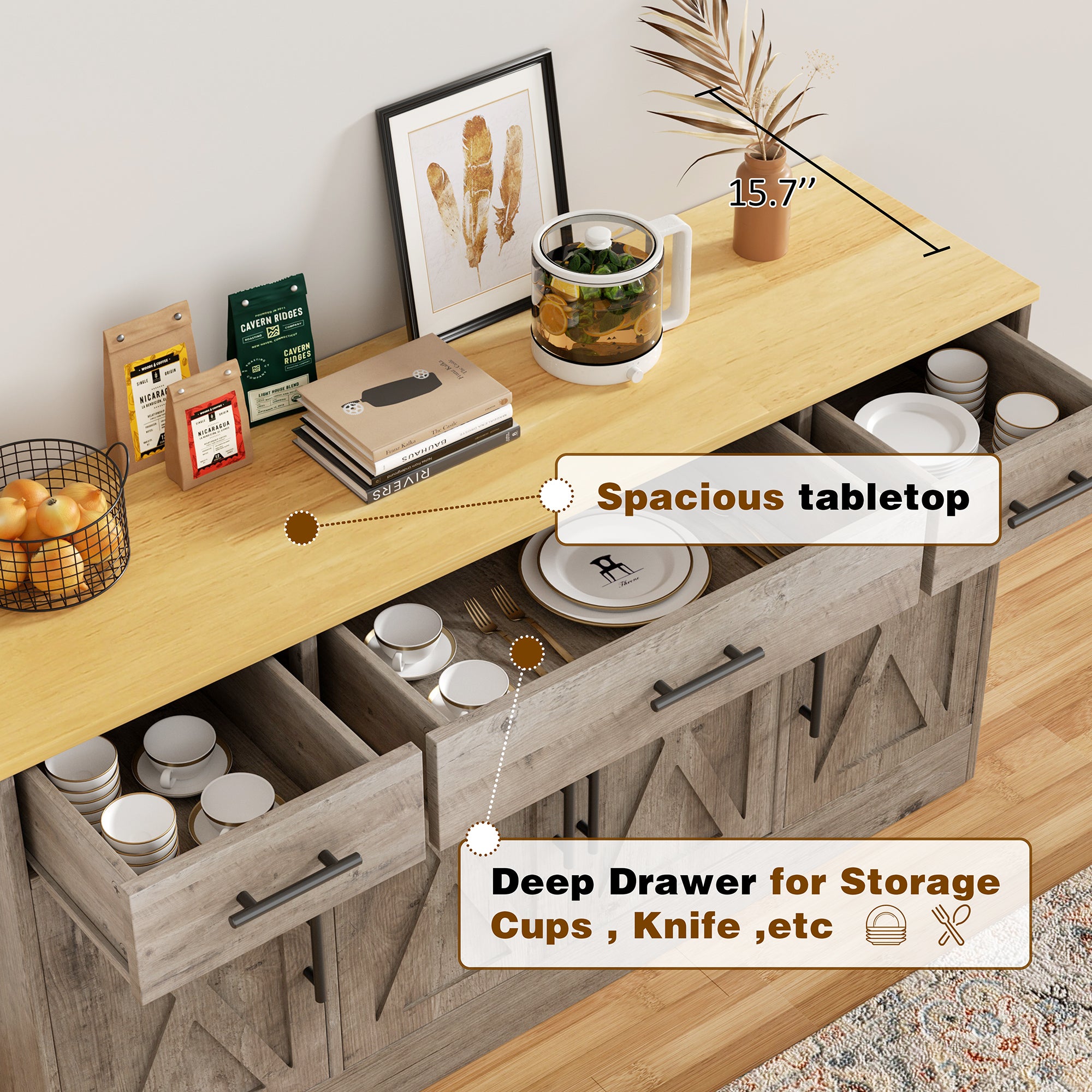 Vongrasig Buffet Cabinet with Storage, Farmhouse Coffee Bar Cabinet with Drawers, 53” Large Modern Sideboard Buffet with Adjustable Shelves for Kitchen, Dining Room