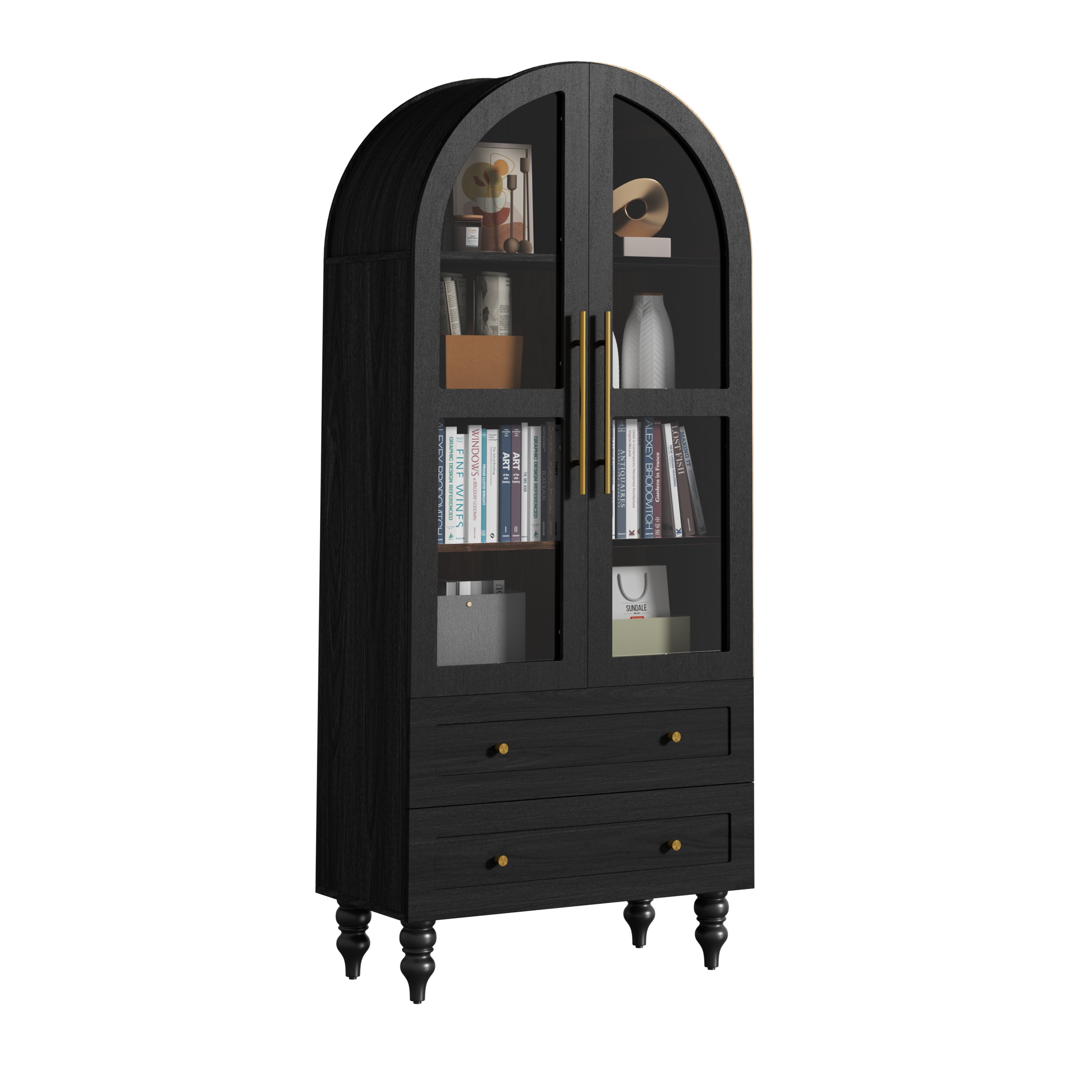 Vongrasig 71" Tall Arched Kitchen Pantry Storage Cabinet with Glass Doors, 2 Large Drawers, 6-Tier Tall Rustic Wood Cupboard Locker for Kitchen, Dining Room, Living Room, Bathroom,Black