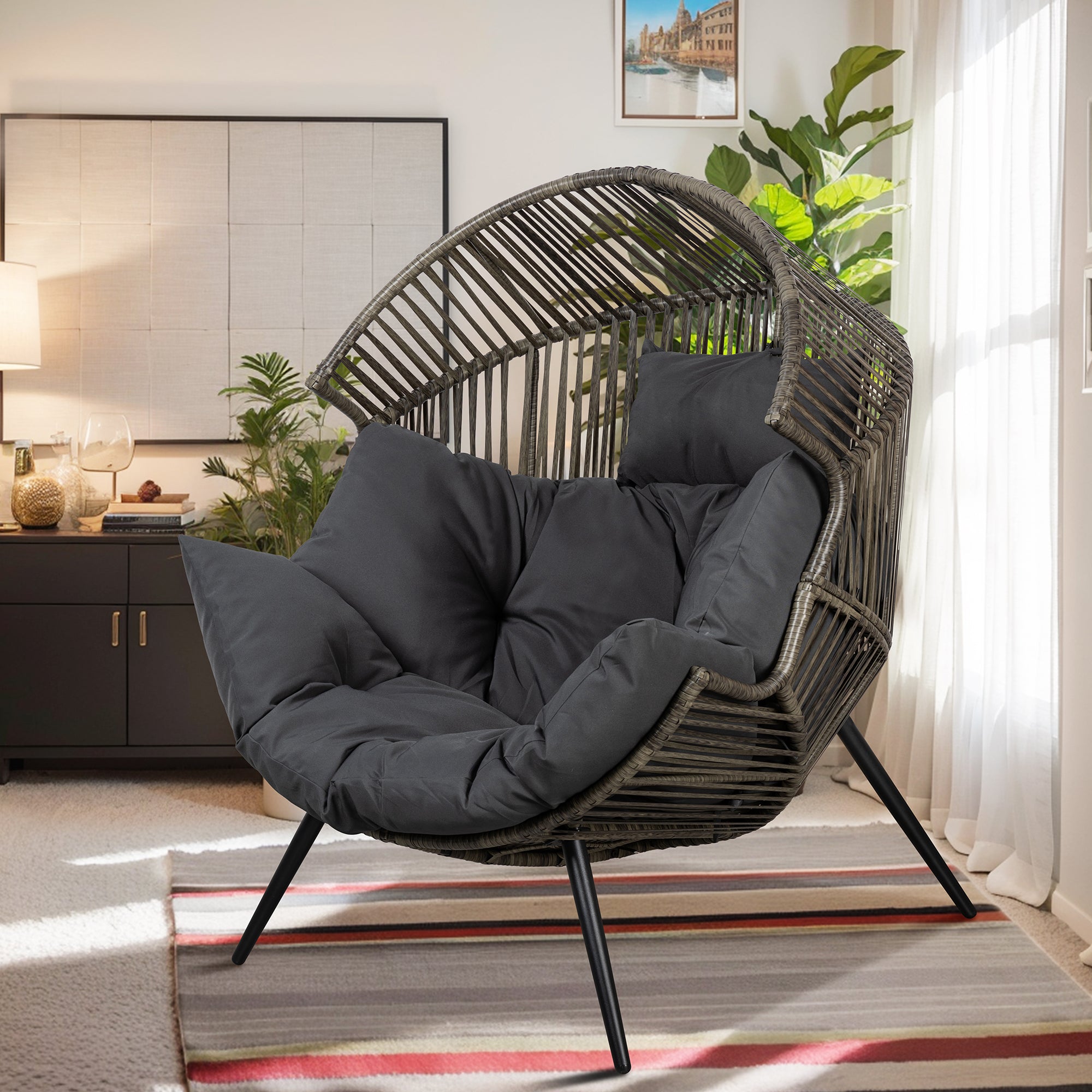 Vongrasig Outdoor Wicker Egg Chair PE Rattan Chair with Cushion, Oversized Patio Lounge Chair for Outdoor, Indoor, Balcony, Backyard, Garden